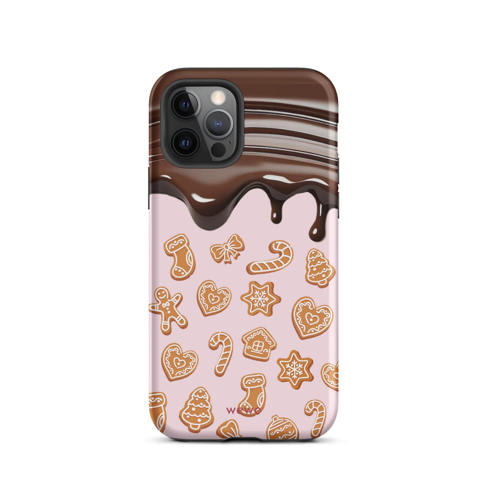 Custom iPhone 12 pro tough case featuring a top section resembling a melted chocolate bar dripping down onto a light pink background that is covered in a festive pattern of classic gingerbread cookies (gingerbread men, hearts, stars, candy canes, and trees), with 'wewe' branding at the bottom.