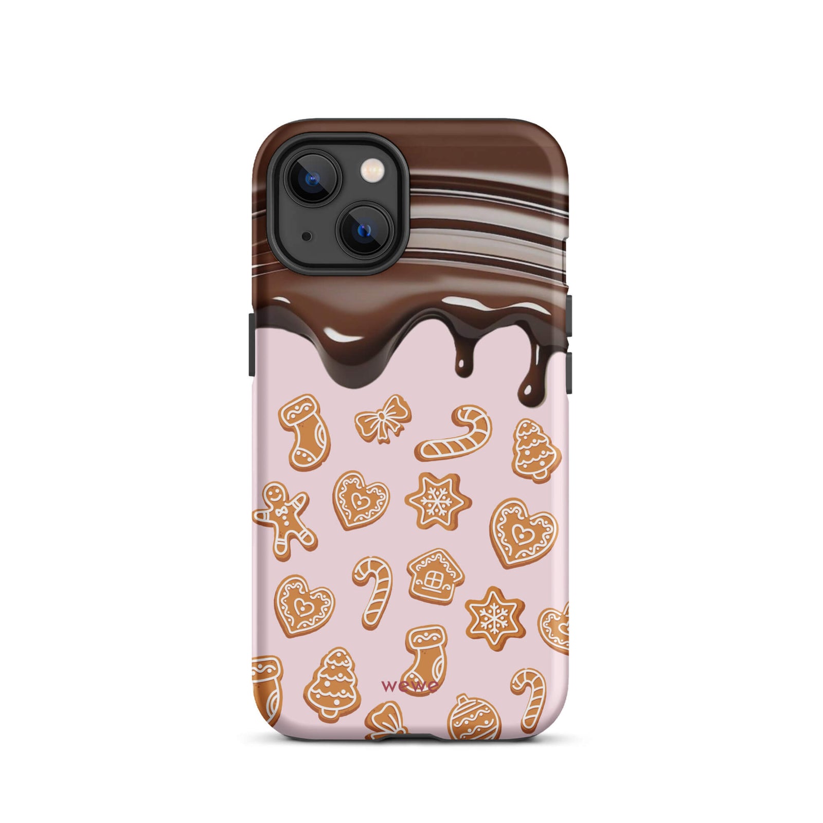 Custom iPhone 13 tough case featuring a top section resembling a melted chocolate bar dripping down onto a light pink background that is covered in a festive pattern of classic gingerbread cookies (gingerbread men, hearts, stars, candy canes, and trees), with 'wewe' branding at the bottom.