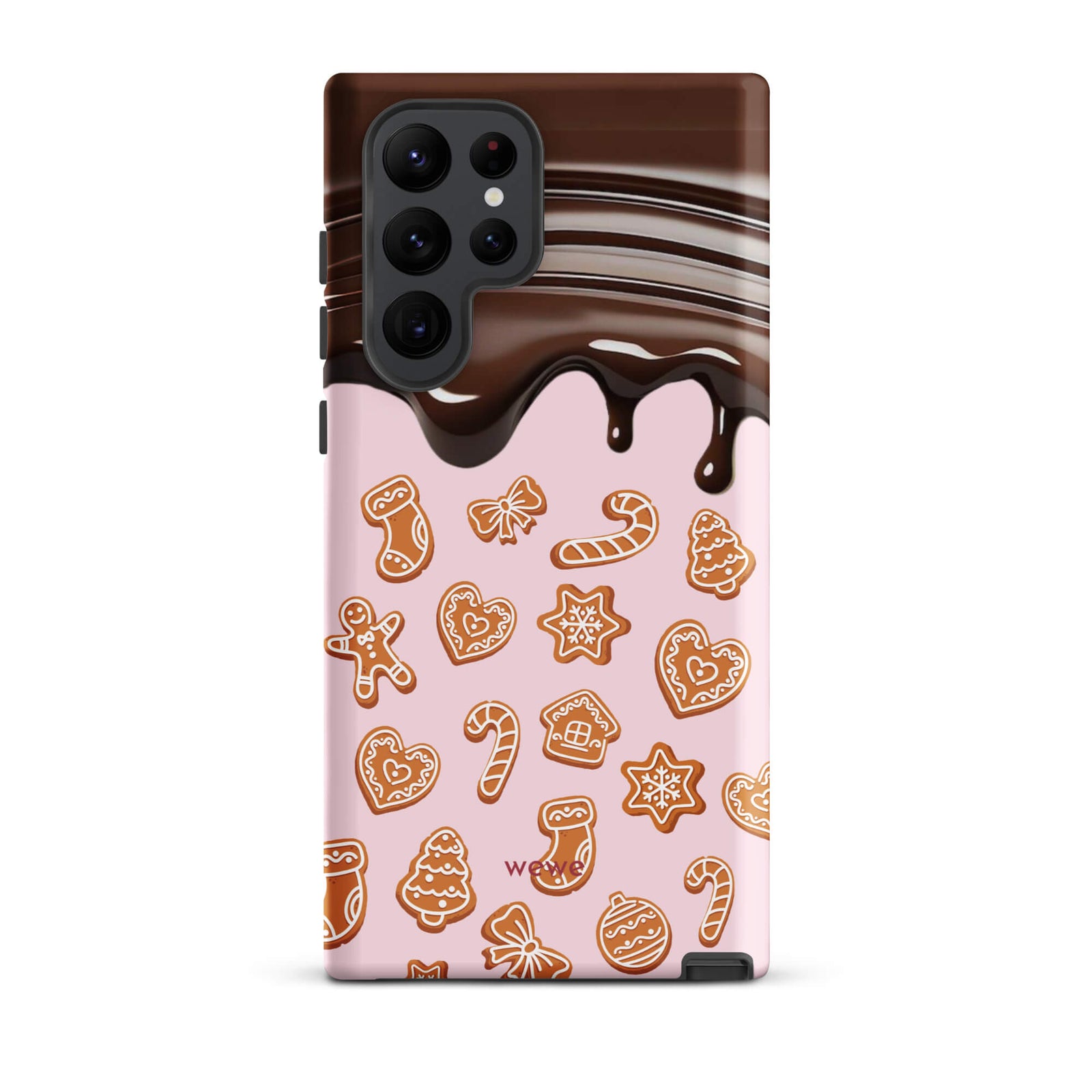 Custom samsung galaxy s22 ultra tough case featuring a top section resembling a melted chocolate bar dripping down onto a light pink background that is covered in a festive pattern of classic gingerbread cookies (gingerbread men, hearts, stars, candy canes, and trees), with 'wewe' branding at the bottom.