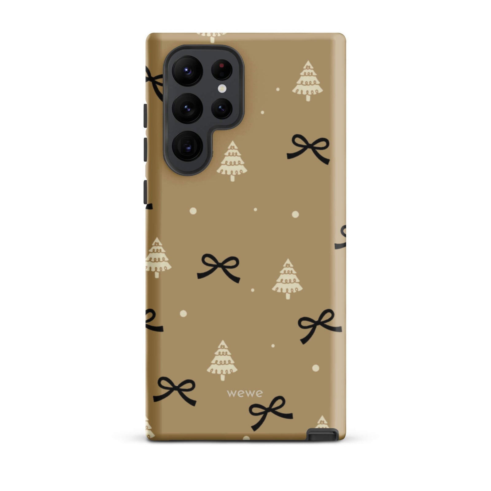 Custom samsung galaxy s25 ultra tough case in matte taupe/khaki brown featuring a scattered holiday pattern of small black bows, white doodle Christmas trees, and white snowflakes/dots, with 'wewe' branding at the bottom.