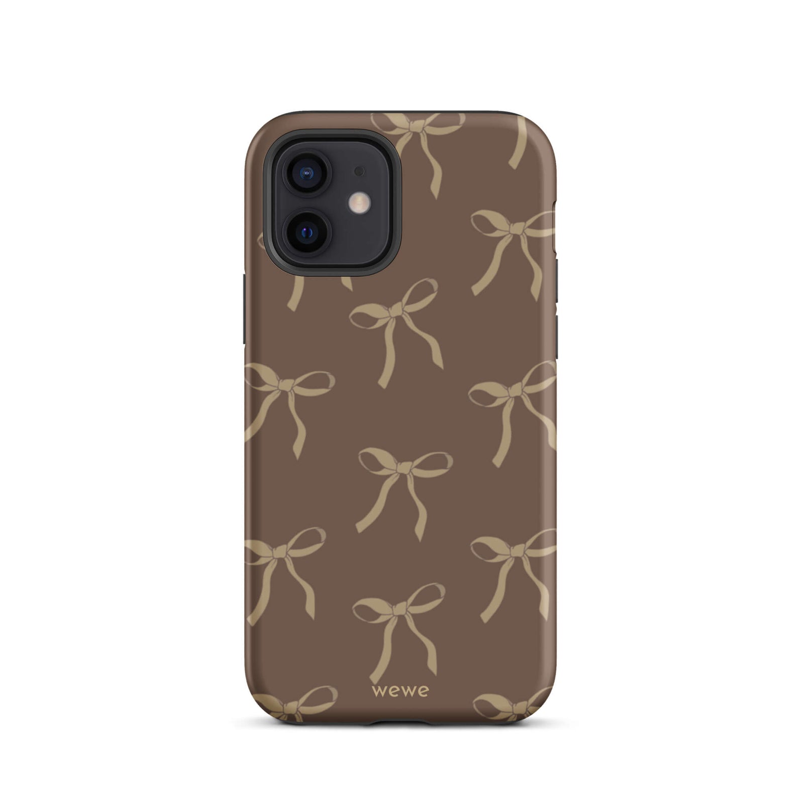 Custom iPhone 12 tough case in matte dark espresso brown featuring an all-over repeating pattern of light taupe/tan ribbons/bows, with 'wewe' branding at the bottom.