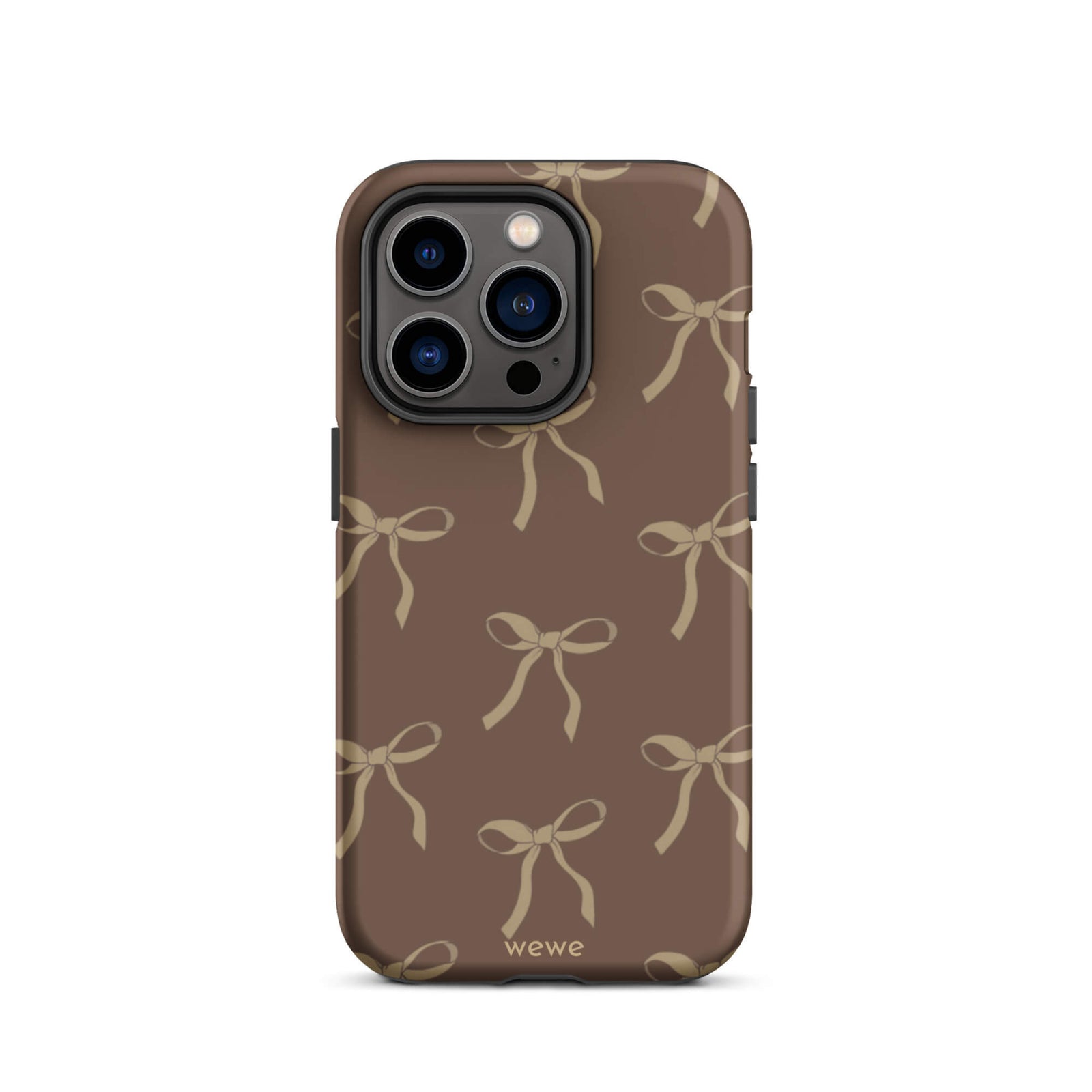 Custom iPhone 14 pro tough case in matte dark espresso brown featuring an all-over repeating pattern of light taupe/tan ribbons/bows, with 'wewe' branding at the bottom.