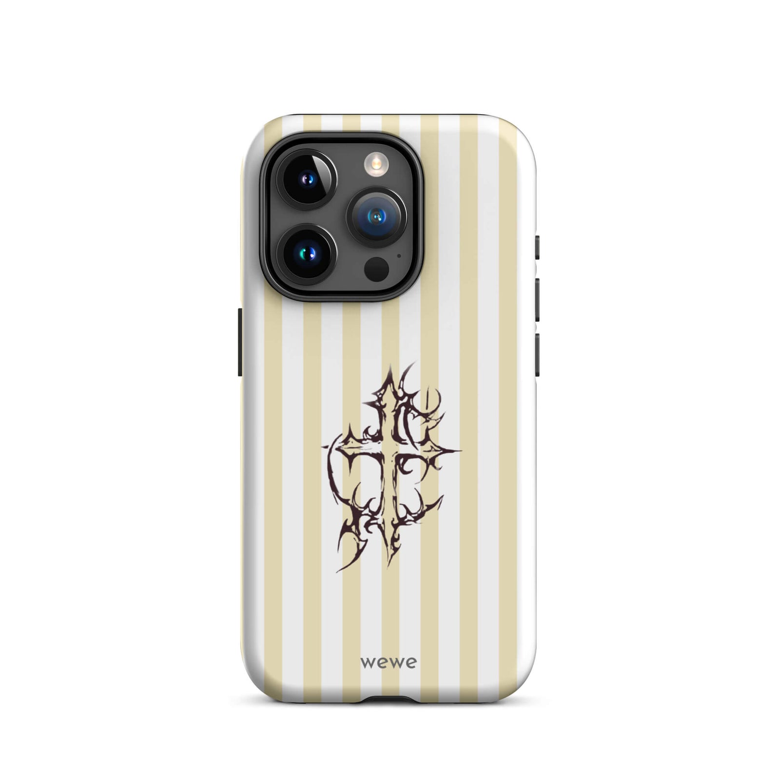 Custom iPhone 15 pro tough case featuring glossy vertical stripes in cream/ivory and white, centered with a spiky, tribal-style cross graphic, and 'wewe' branding at the bottom.