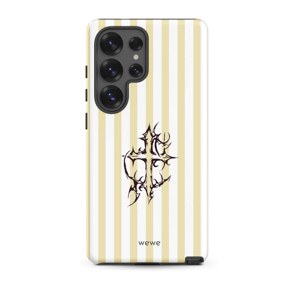 Custom samsung galaxy s25 ultra tough case featuring glossy vertical stripes in cream/ivory and white, centered with a spiky, tribal-style cross graphic, and 'wewe' branding at the bottom.