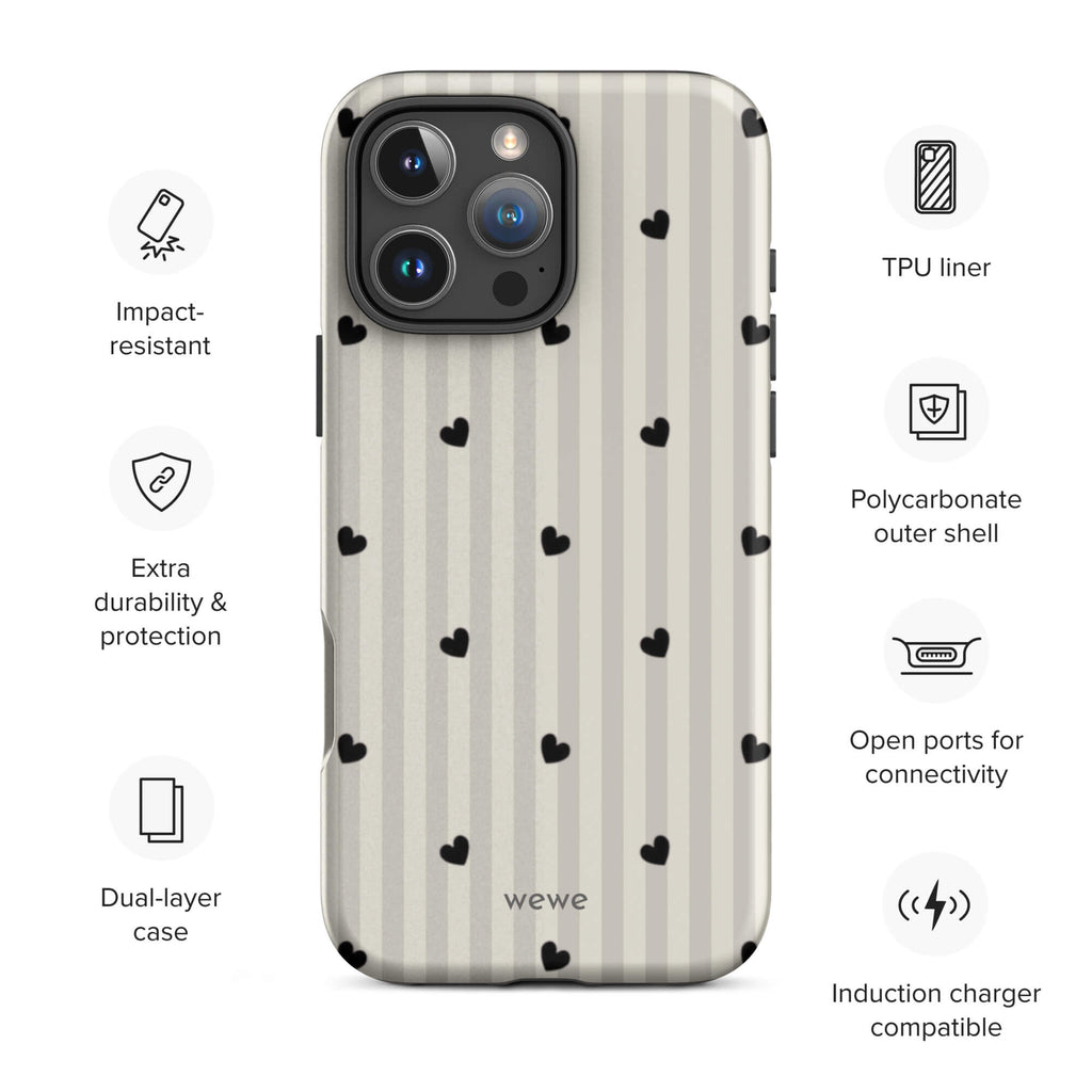 Custom charming heart iPhone case 16 pro wireless charging compatible.