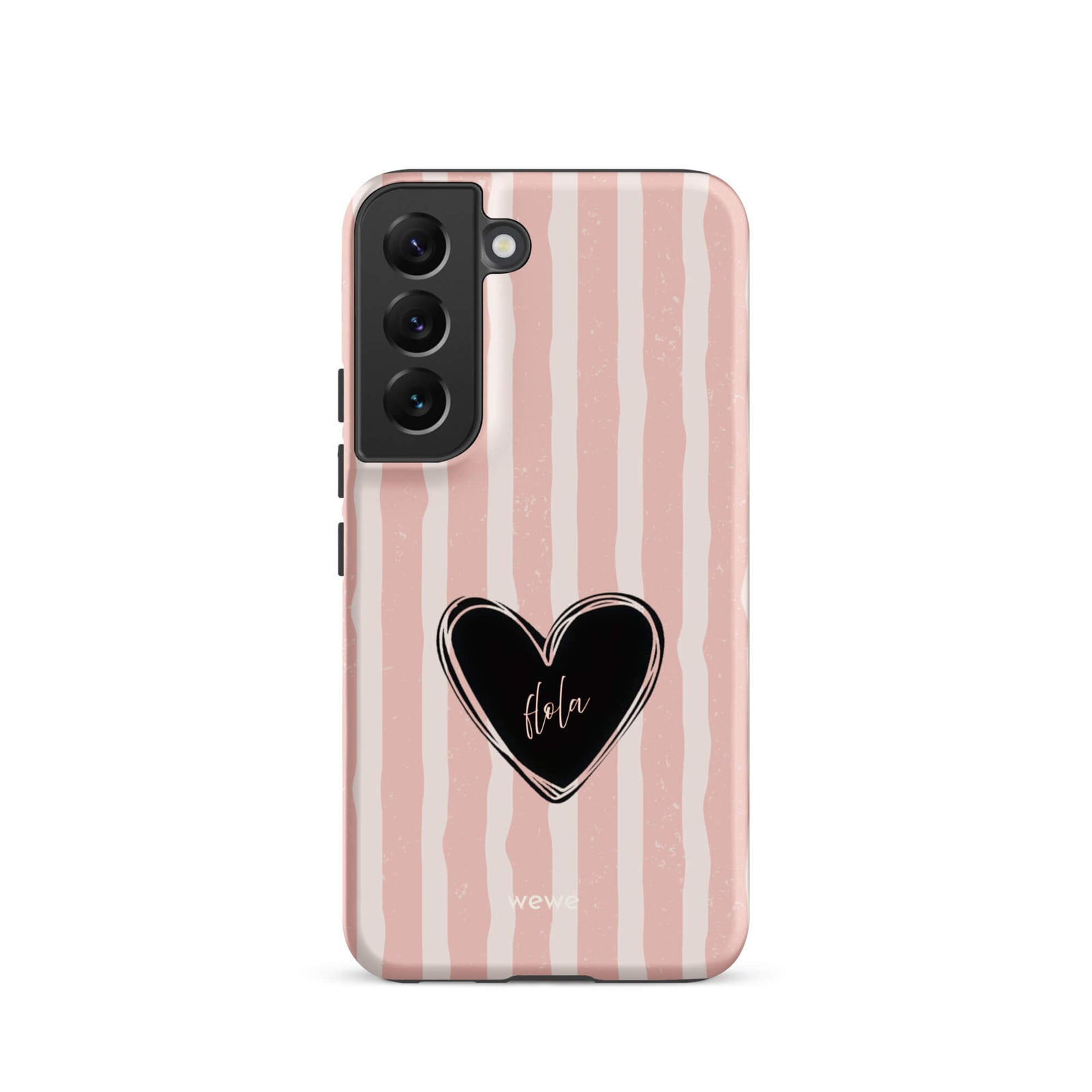 Custom samsung galaxy s22 featuring a matte distressed pattern of pale pink and white vertical stripes, centered with a black heart graphic containing the word 'Hola' in cursive, and 'wewe' branding at the bottom.
