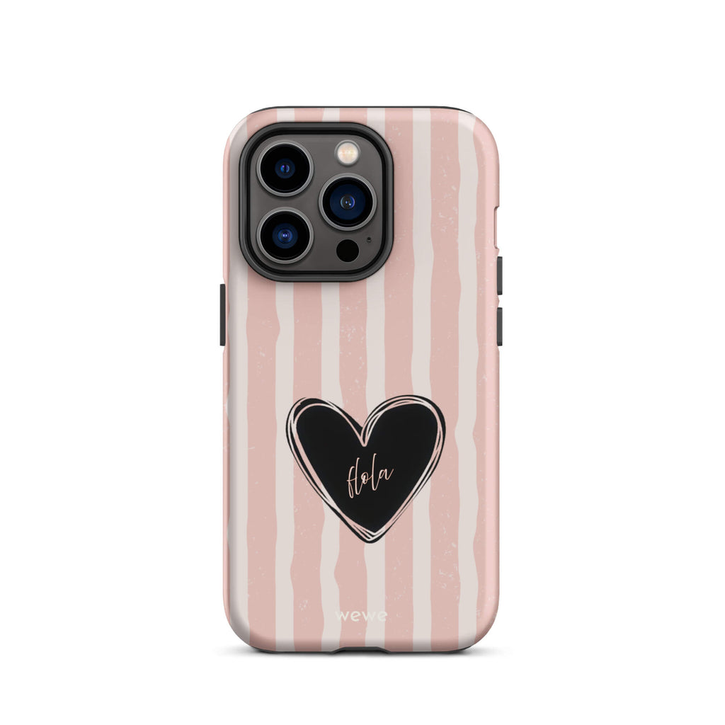 Custom iPhone case 14 pro featuring a matte distressed pattern of pale pink and white vertical stripes, centered with a black heart graphic containing the word 'Hola' in cursive, and 'wewe' branding at the bottom.