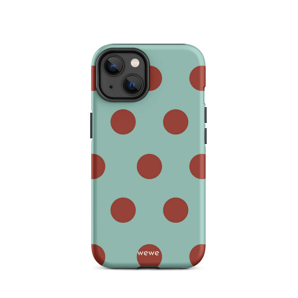 Custom iPhone case 14 with a light mint green background and a repeating pattern of evenly spaced maroon or deep red polka dots.