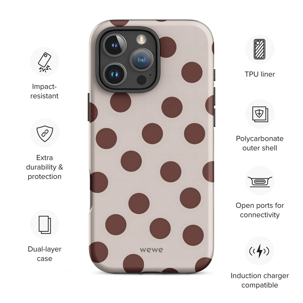Custom bold brown polka dot iphone case 16 pro max wireless charging compatible.