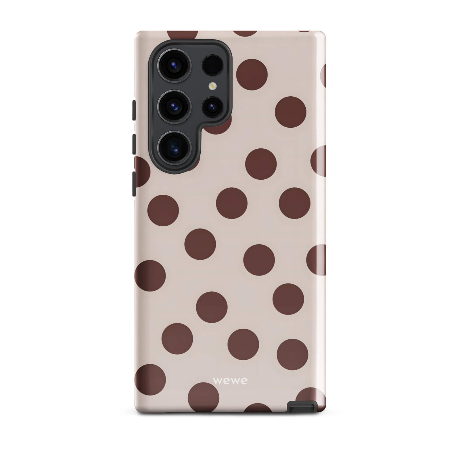 Custom samsung galaxy s23 ultra tough case in matte light beige/taupe with large dark brown (mocha) polka dots and 'wewe' branding at the bottom.