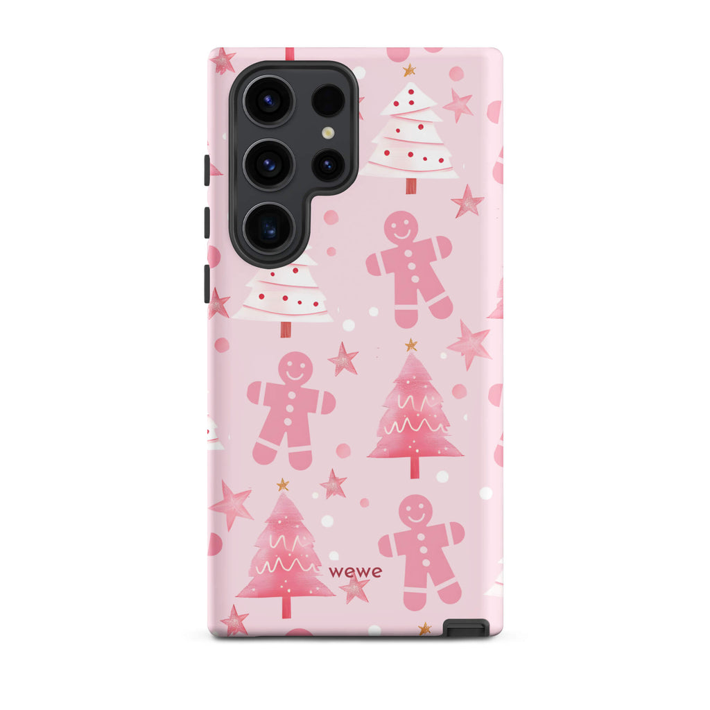 Custom samsung galaxy s23 ultra tough case featuring a soft pastel pink background with a scattered pattern of pink gingerbread men, pink and white Christmas trees, and watercolor pink stars, with 'wewe' branding at the bottom.