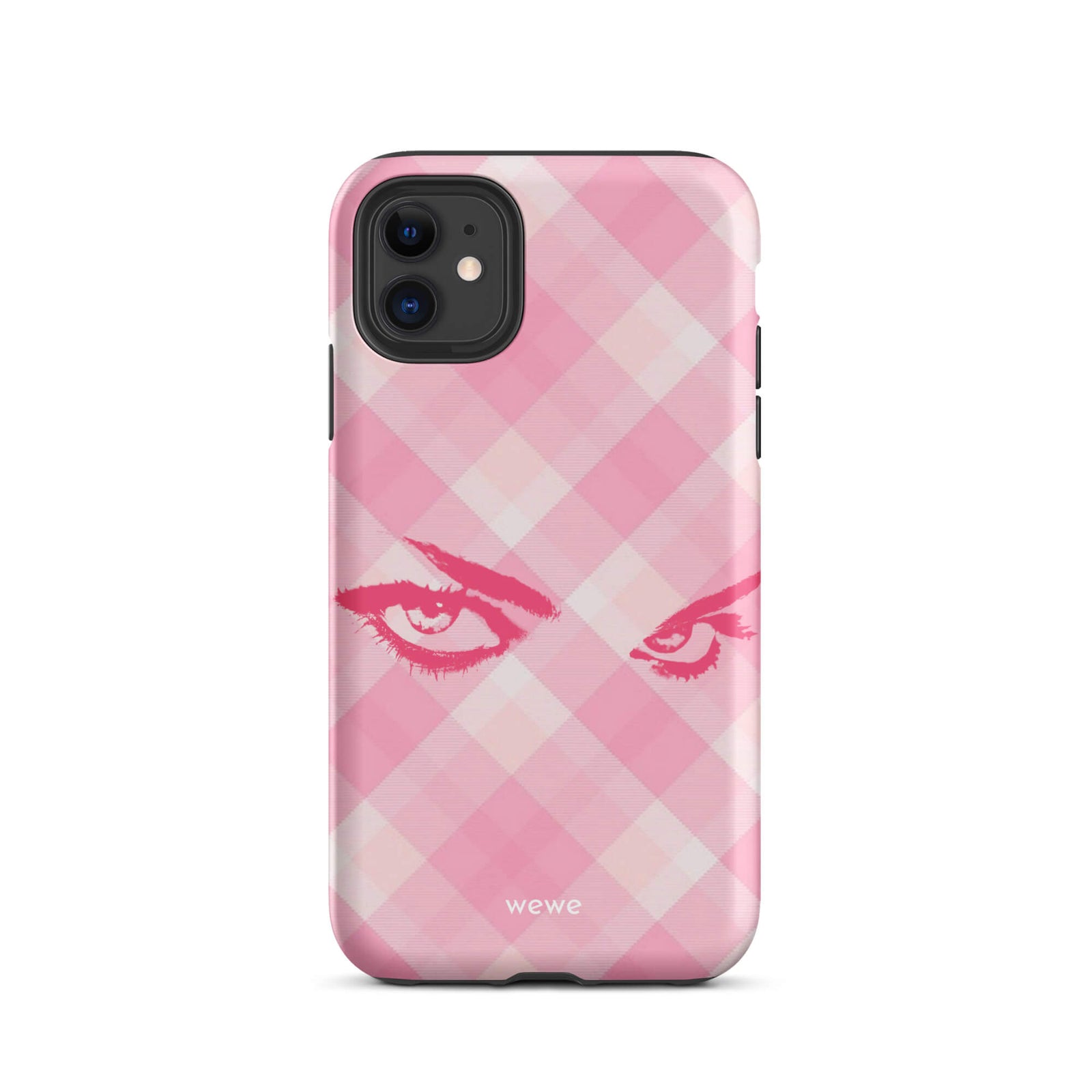 Custom iPhone case 11 pro with a pink and white gingham checkered pattern and a graphic of intense pink eyes.