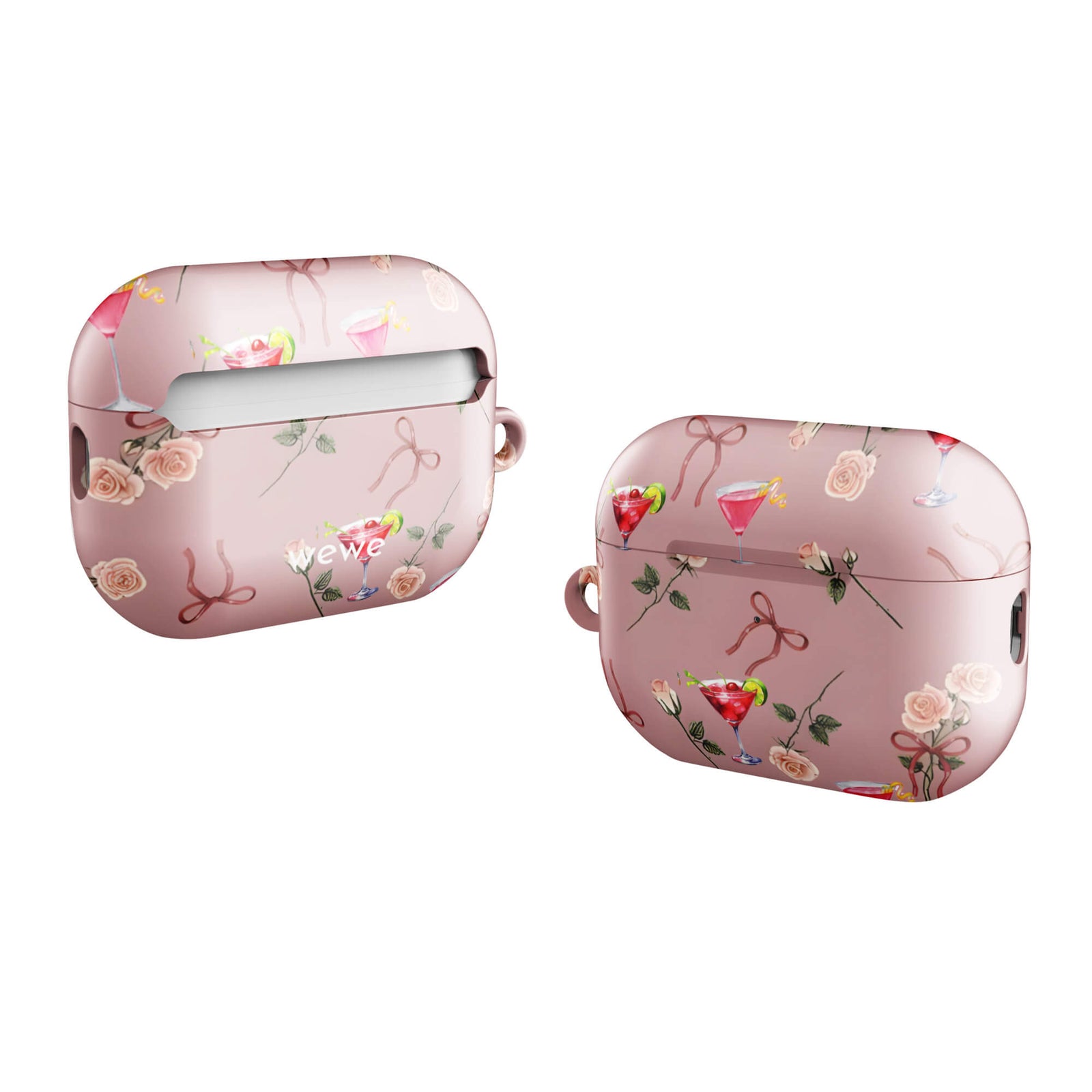 Custom airpods case pro gen2 with a repeating pattern of pink roses, ribbon bows, and red cocktail glasses on a light rose colour background.
