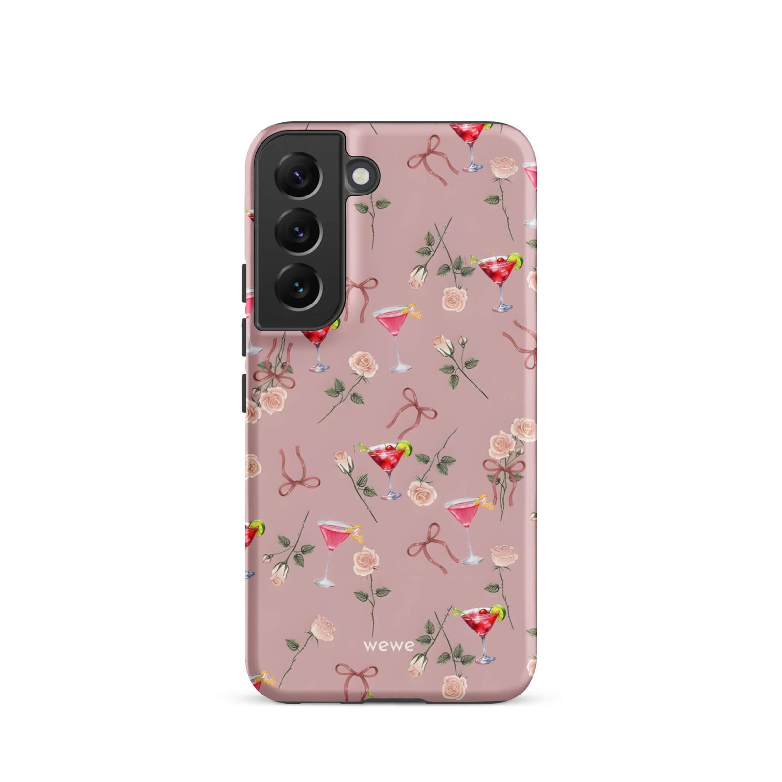 Custom samsung galaxy s22 Phone case with a repeating pattern of pink roses, ribbon bows, and red cocktail glasses on a light rose colour background.