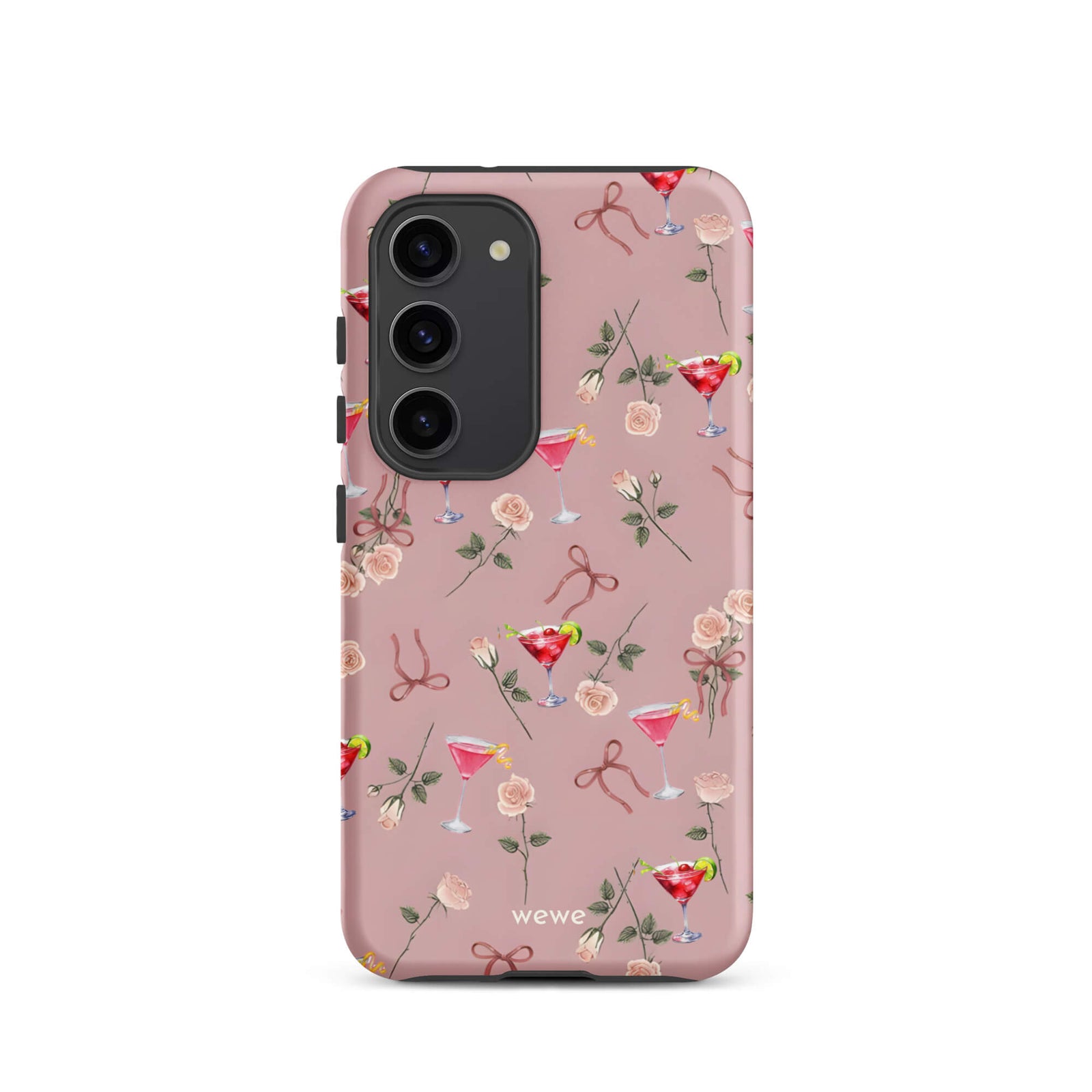 Custom samsung galaxy s23 Phone case with a repeating pattern of pink roses, ribbon bows, and red cocktail glasses on a light rose colour background.