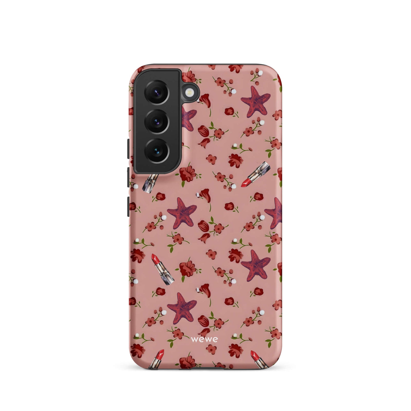 Custom samsung galaxy s22 Phone case with a  retro pattern of red flowers, starfish, and lipstick tubes on a pink rose colour background.