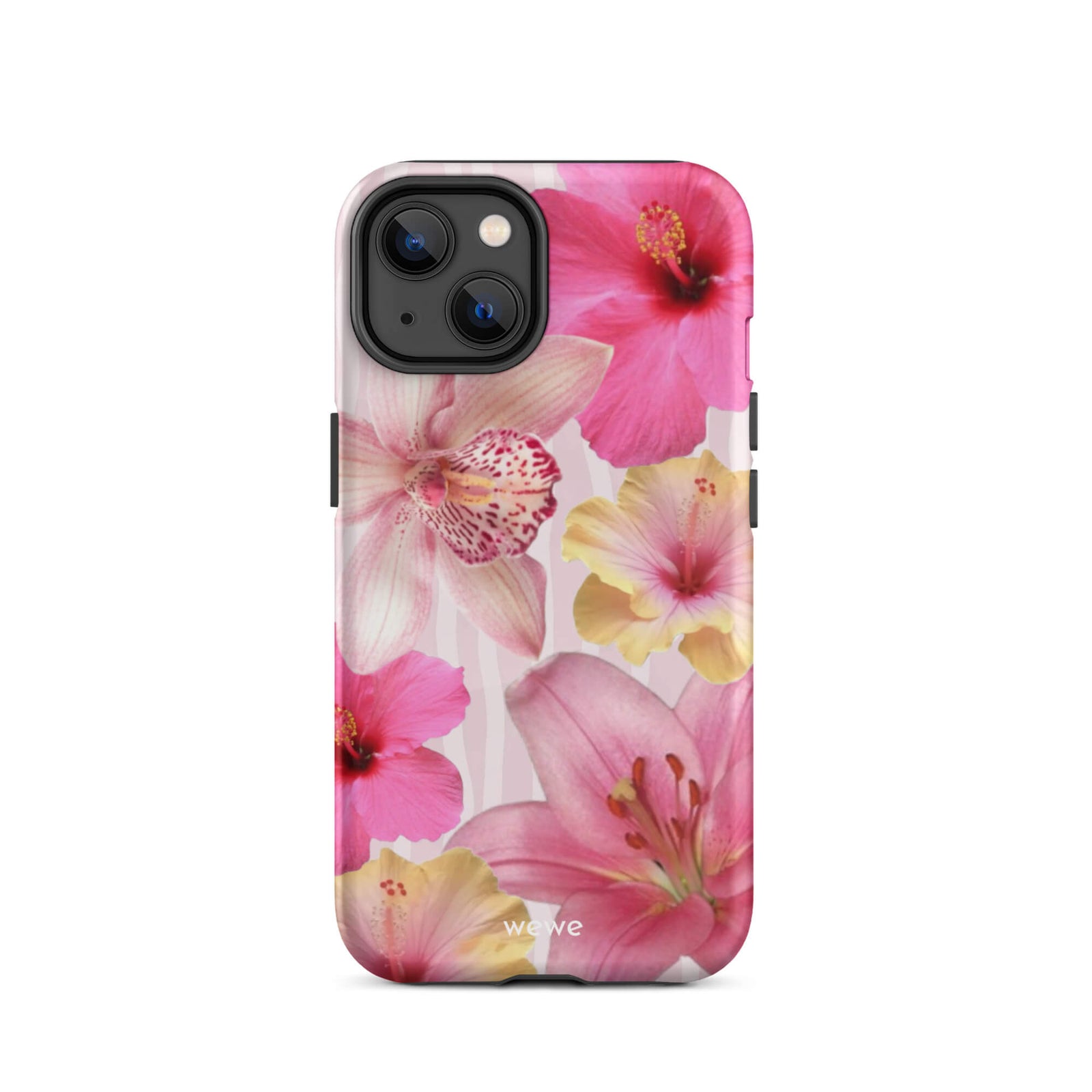 Custom iPhone case 14 with a tropical floral pattern of pink and yellow hibiscus flowers and lilies on a striped background.