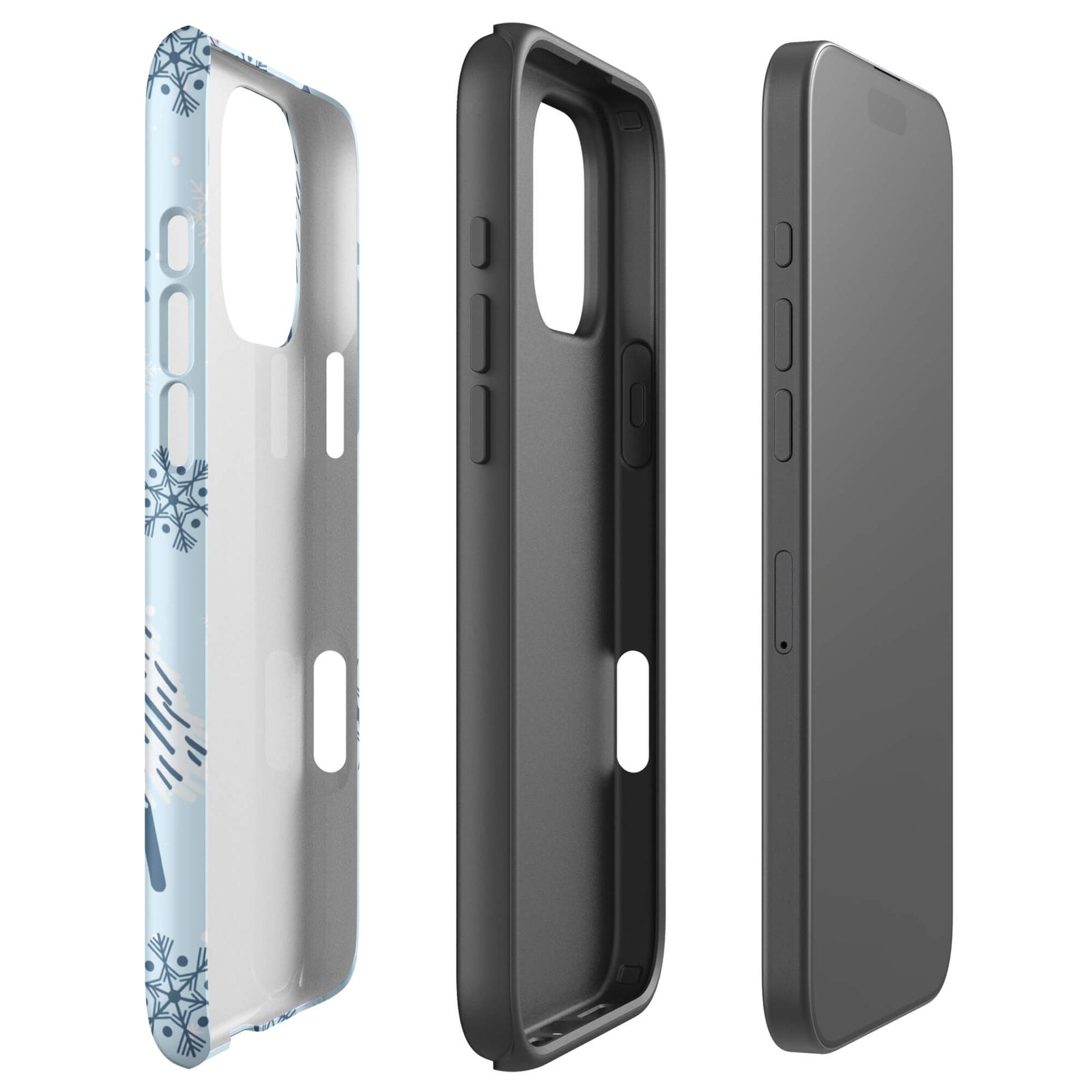 Custom iPhone 16 pro max tough case featuring a light pastel blue background with a scattered pattern of stylized white and slate blue Christmas trees, dark blue wrapped gifts, and white snowflakes, with 'wewe' branding at the bottom.