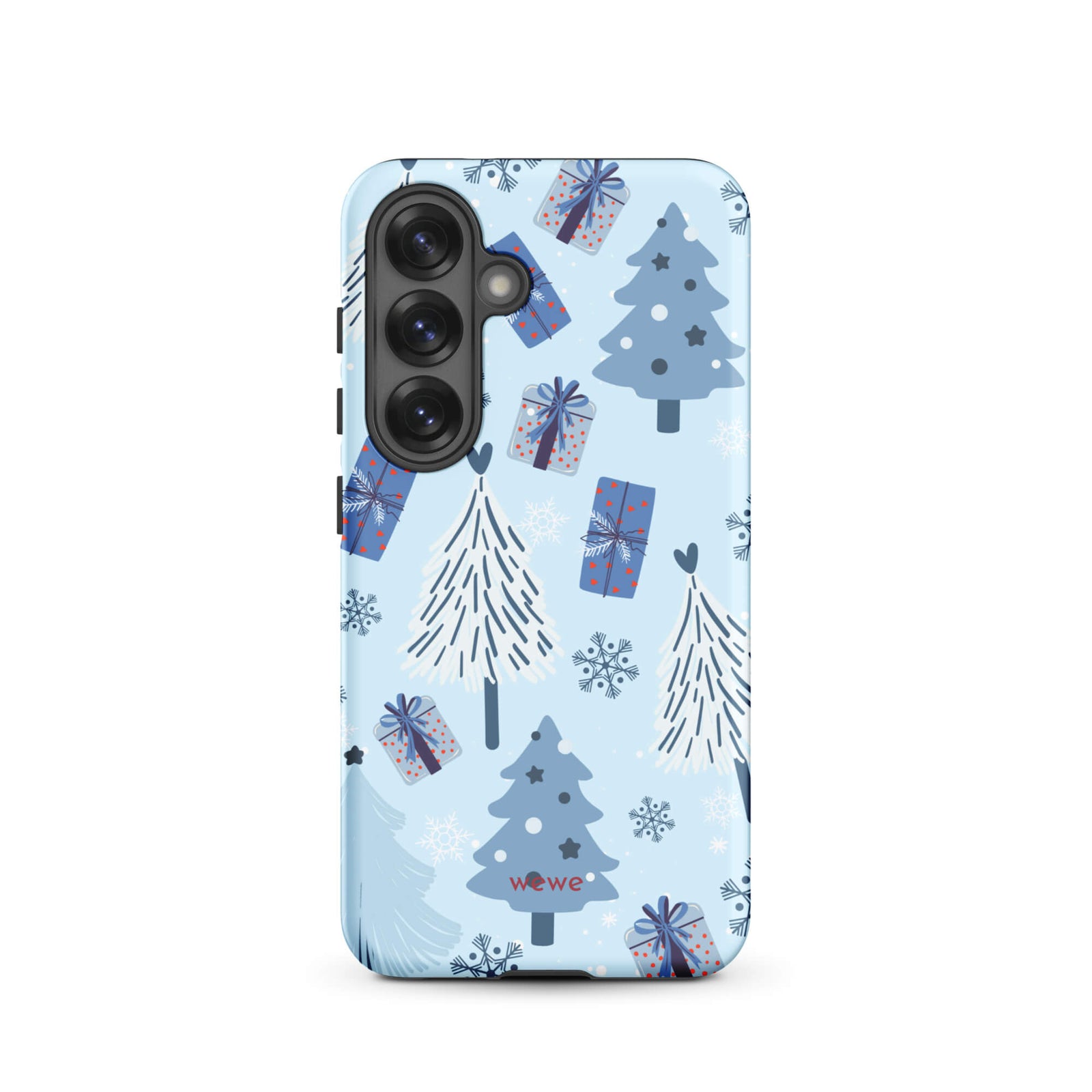 Custom samsung galaxy s25 tough case featuring a light pastel blue background with a scattered pattern of stylized white and slate blue Christmas trees, dark blue wrapped gifts, and white snowflakes, with 'wewe' branding at the bottom.