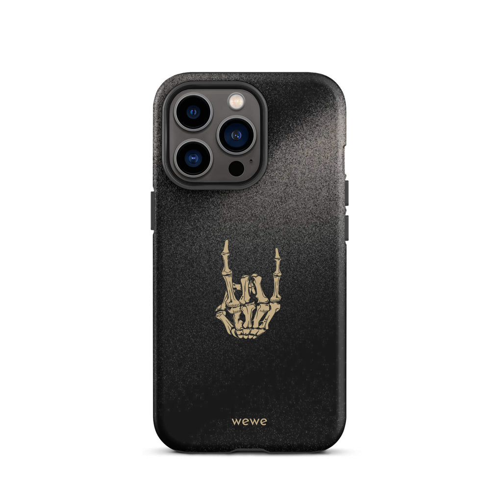Custom iPhone case 13 pro with a black, gritty background and a gold skeleton hand making the "rock on" gesture.