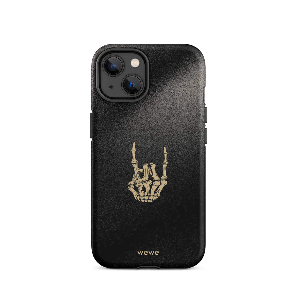 Custom iPhone case 14 with a black, gritty background and a gold skeleton hand making the "rock on" gesture.