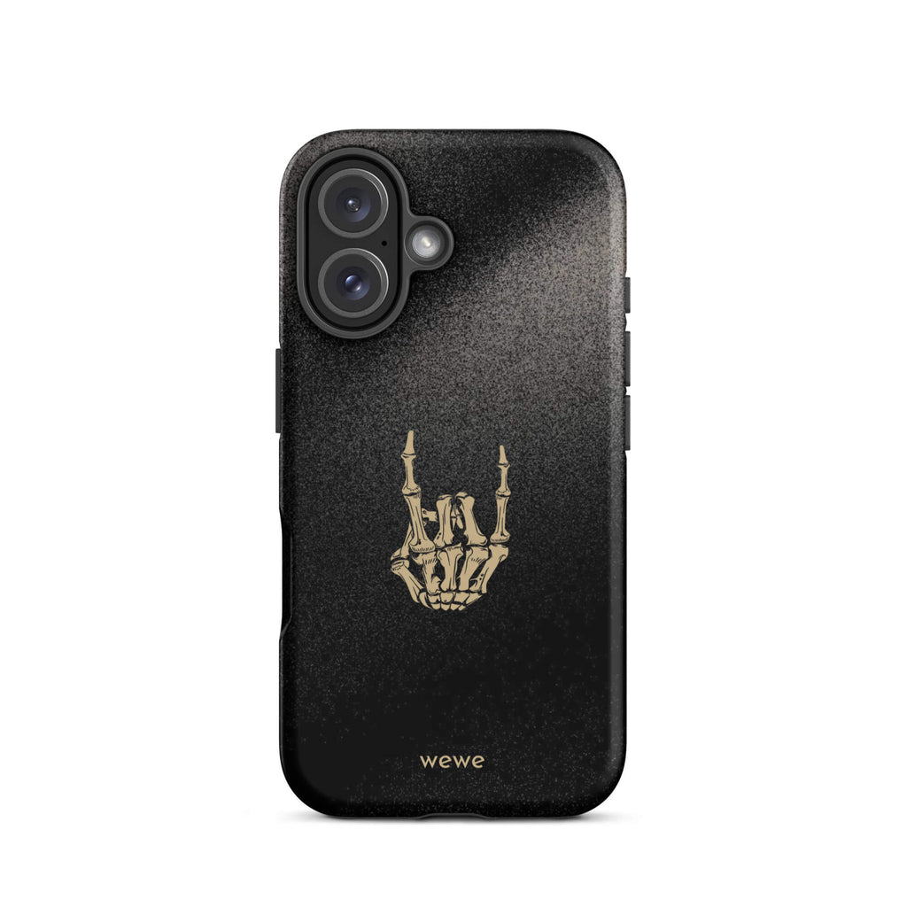 Custom dark harmony iPhone case 16 skeleton graphic design.