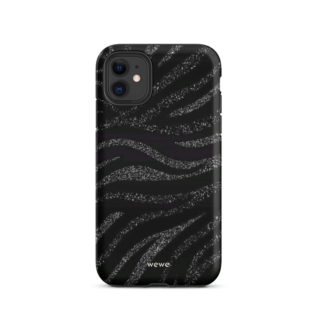 Custom iPhone case 11 with a black background and a sparkly silver glitter wavy zebra stripe pattern.