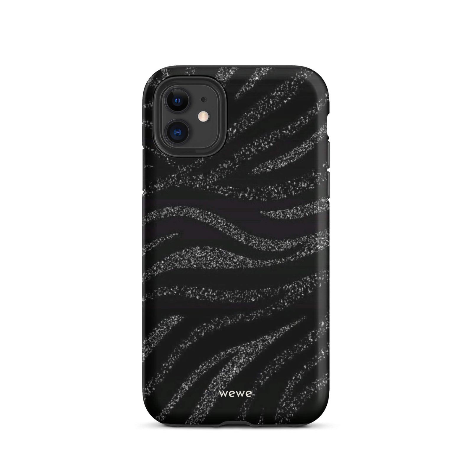 Custom iPhone case 11 with a black background and a sparkly silver glitter wavy zebra stripe pattern.
