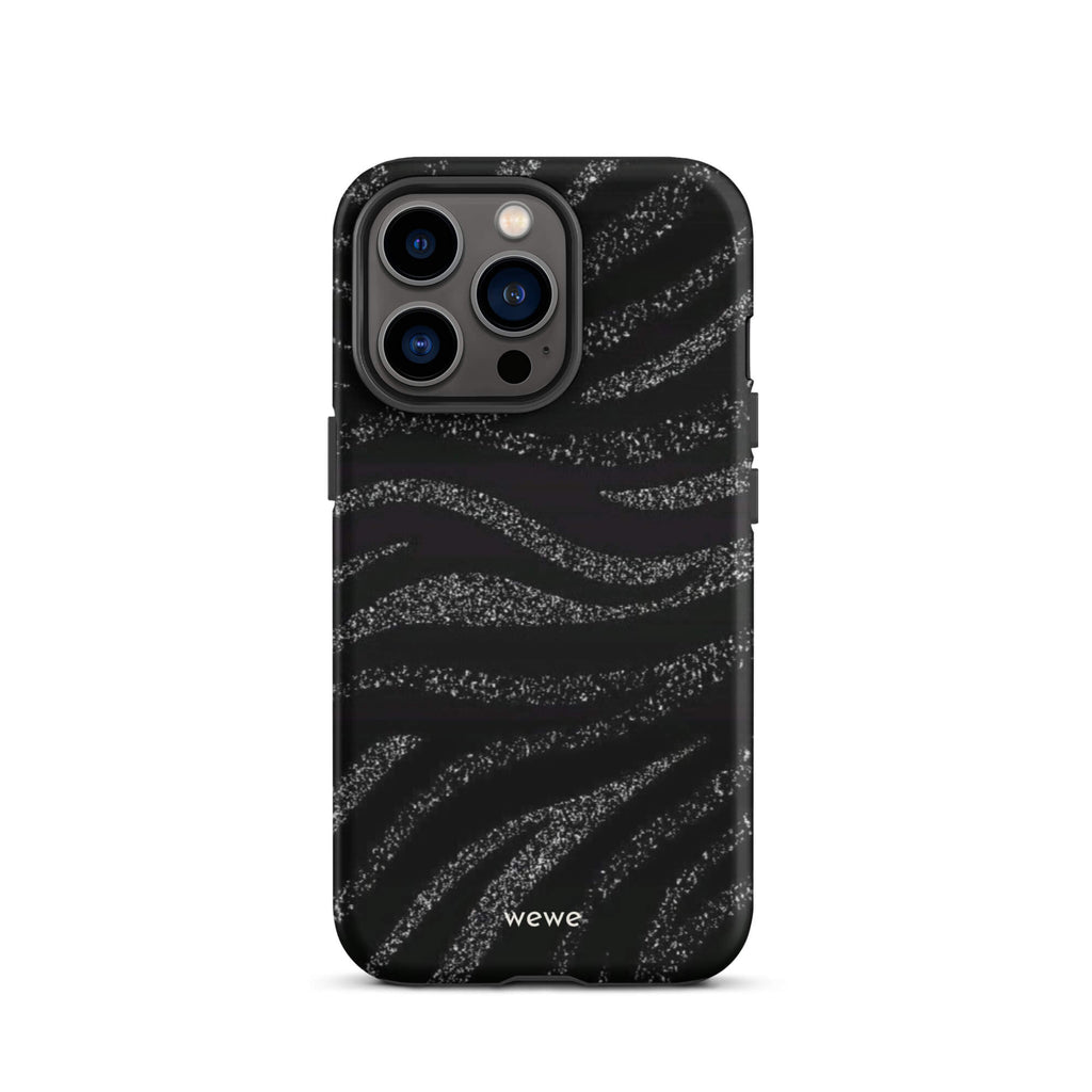 Custom iPhone case 13 pro with a black background and a sparkly silver glitter wavy zebra stripe pattern.