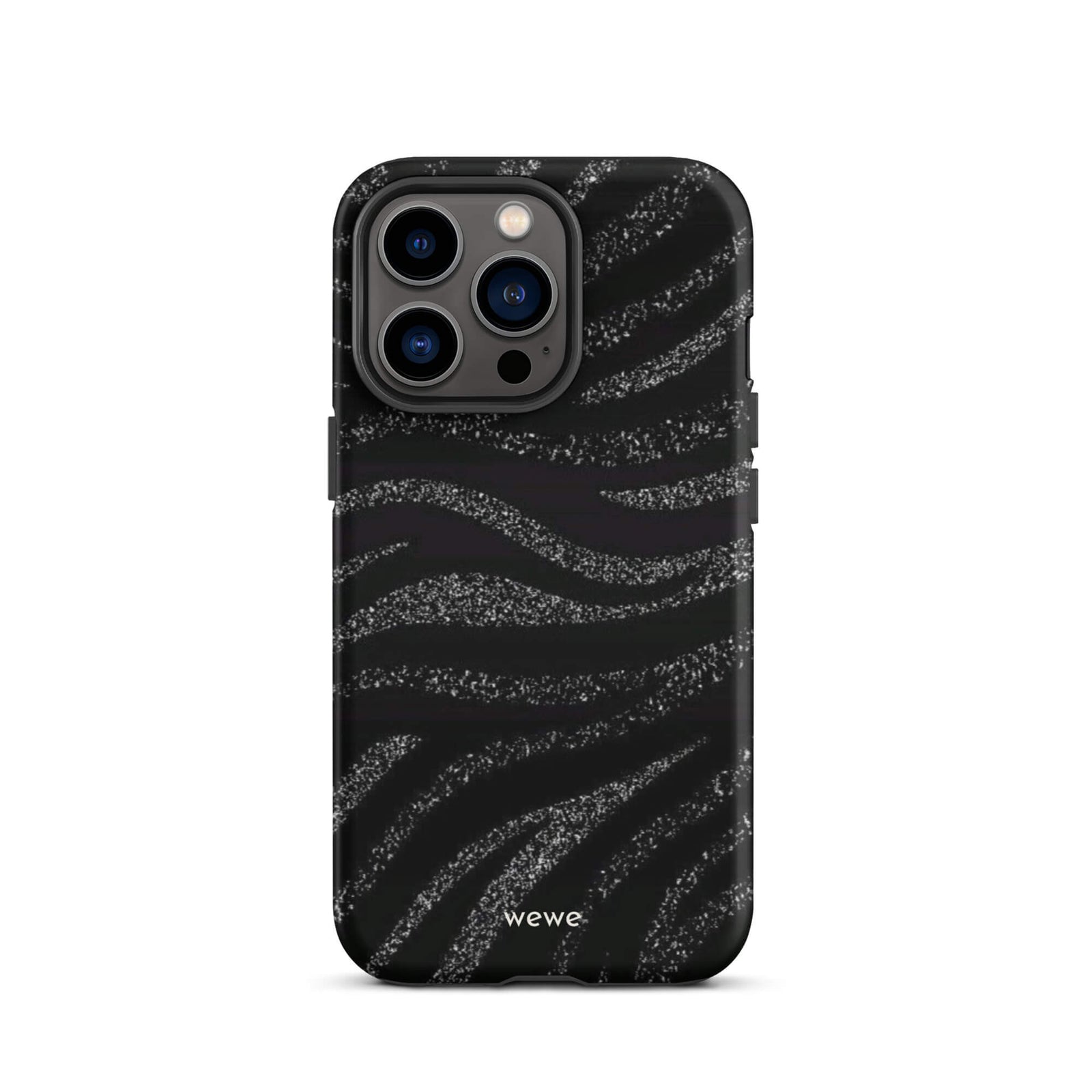 Custom iPhone case 13 pro with a black background and a sparkly silver glitter wavy zebra stripe pattern.