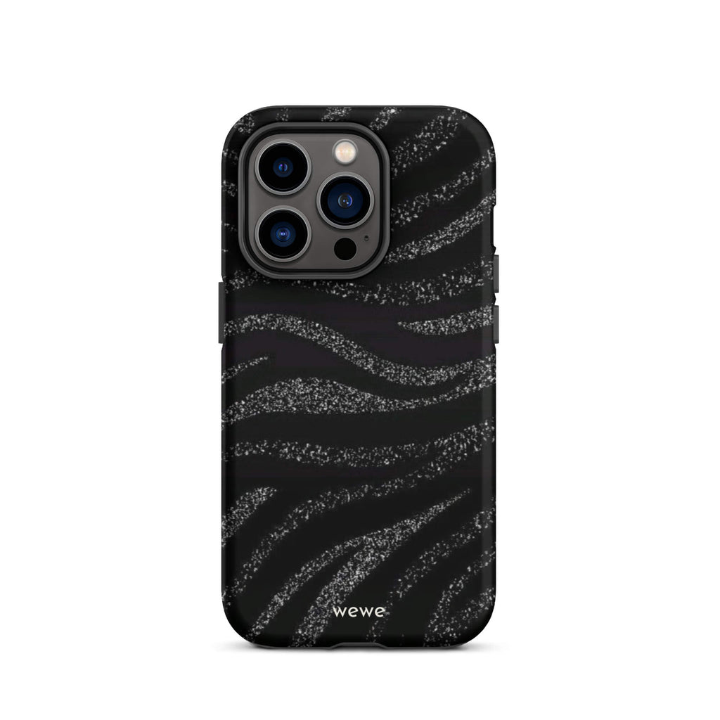 Custom iPhone case 14 pro with a black background and a sparkly silver glitter wavy zebra stripe pattern.