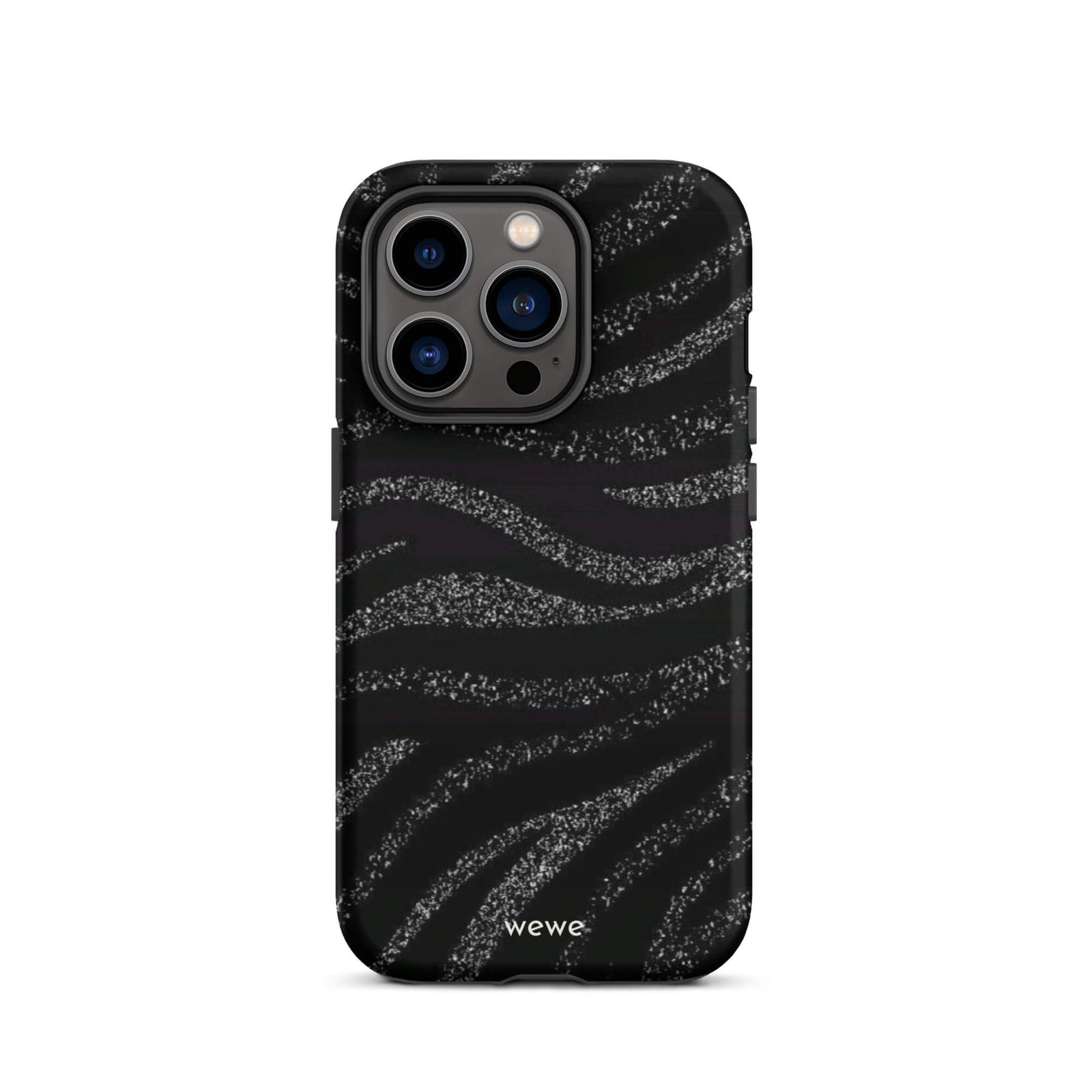 Custom iPhone case 14 pro with a black background and a sparkly silver glitter wavy zebra stripe pattern.
