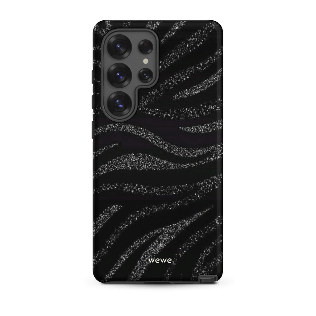 Custom samsung galaxy s25 ultra Phone case with a black background and a sparkly silver glitter wavy zebra stripe pattern.