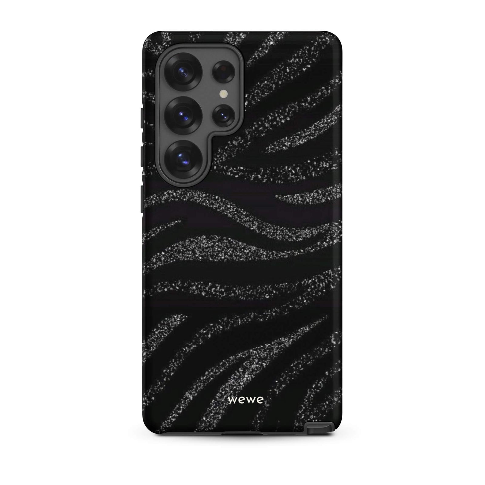 Custom samsung galaxy s25 ultra Phone case with a black background and a sparkly silver glitter wavy zebra stripe pattern.