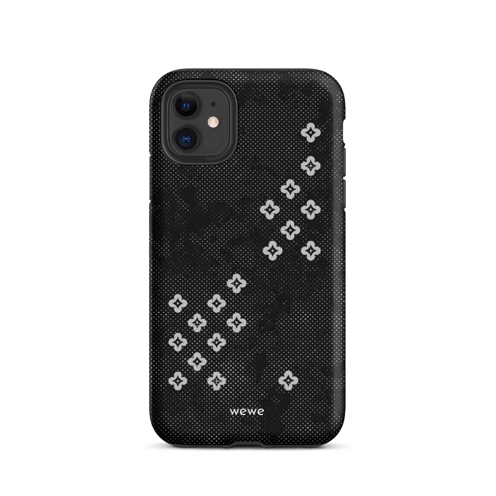Custom iPhone case 11 with a  black lace background with white plum-style crosses.