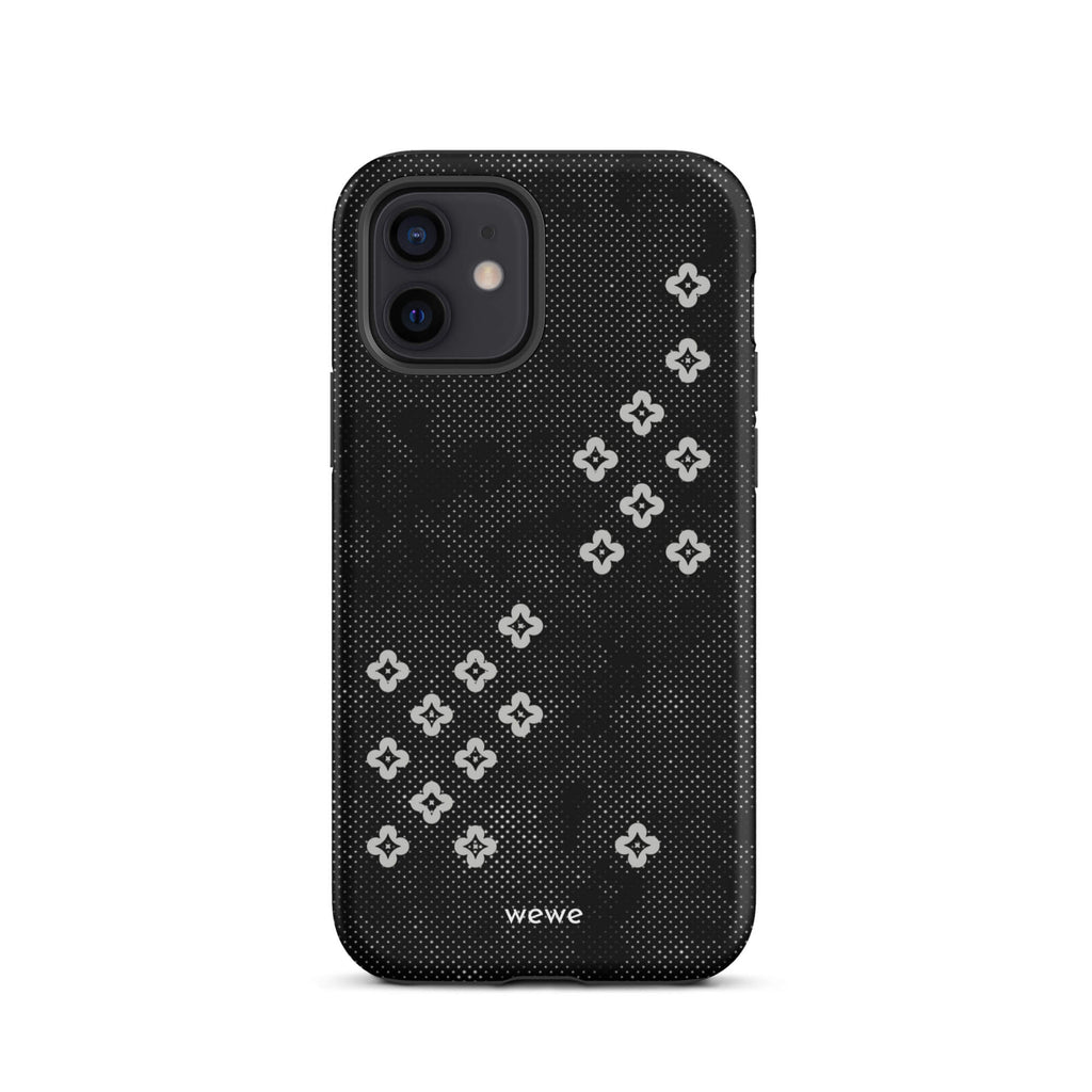 Custom iPhone case 12 with a  black lace background with white plum-style crosses.
