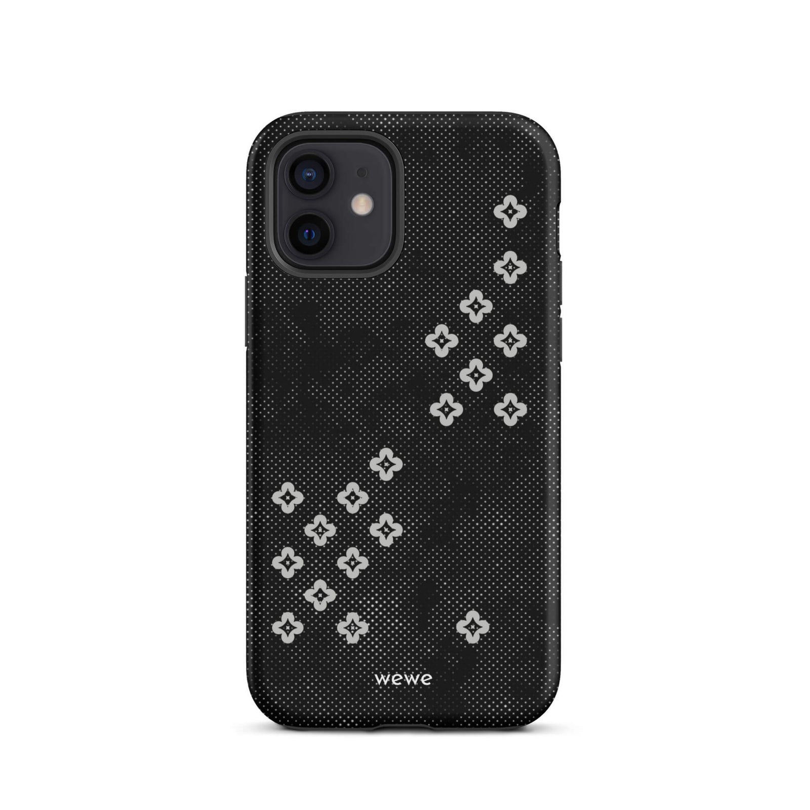 Custom iPhone case 12 with a  black lace background with white plum-style crosses.