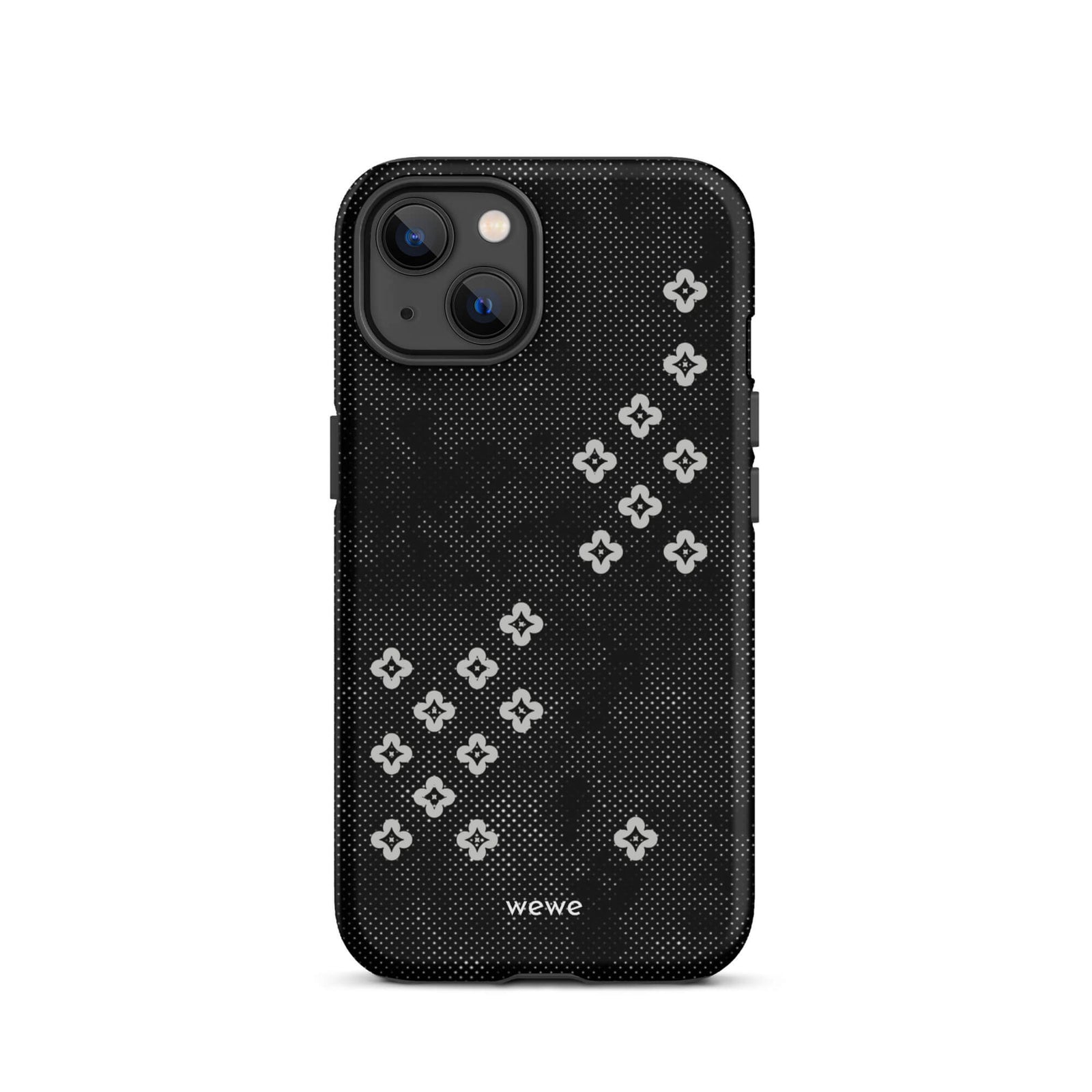 Custom iPhone case 13 with a  black lace background with white plum-style crosses.
