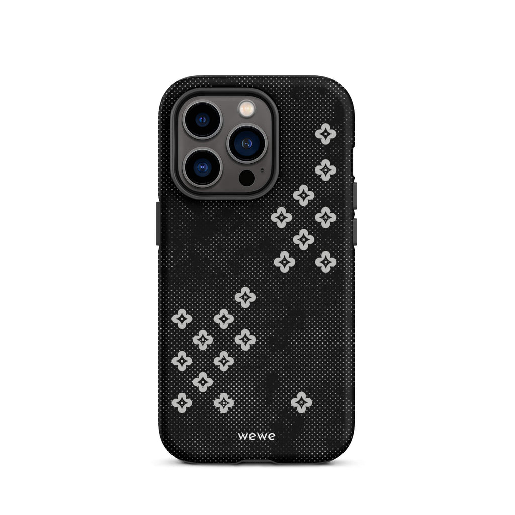 Custom iPhone case 14 pro with a  black lace background with white plum-style crosses.