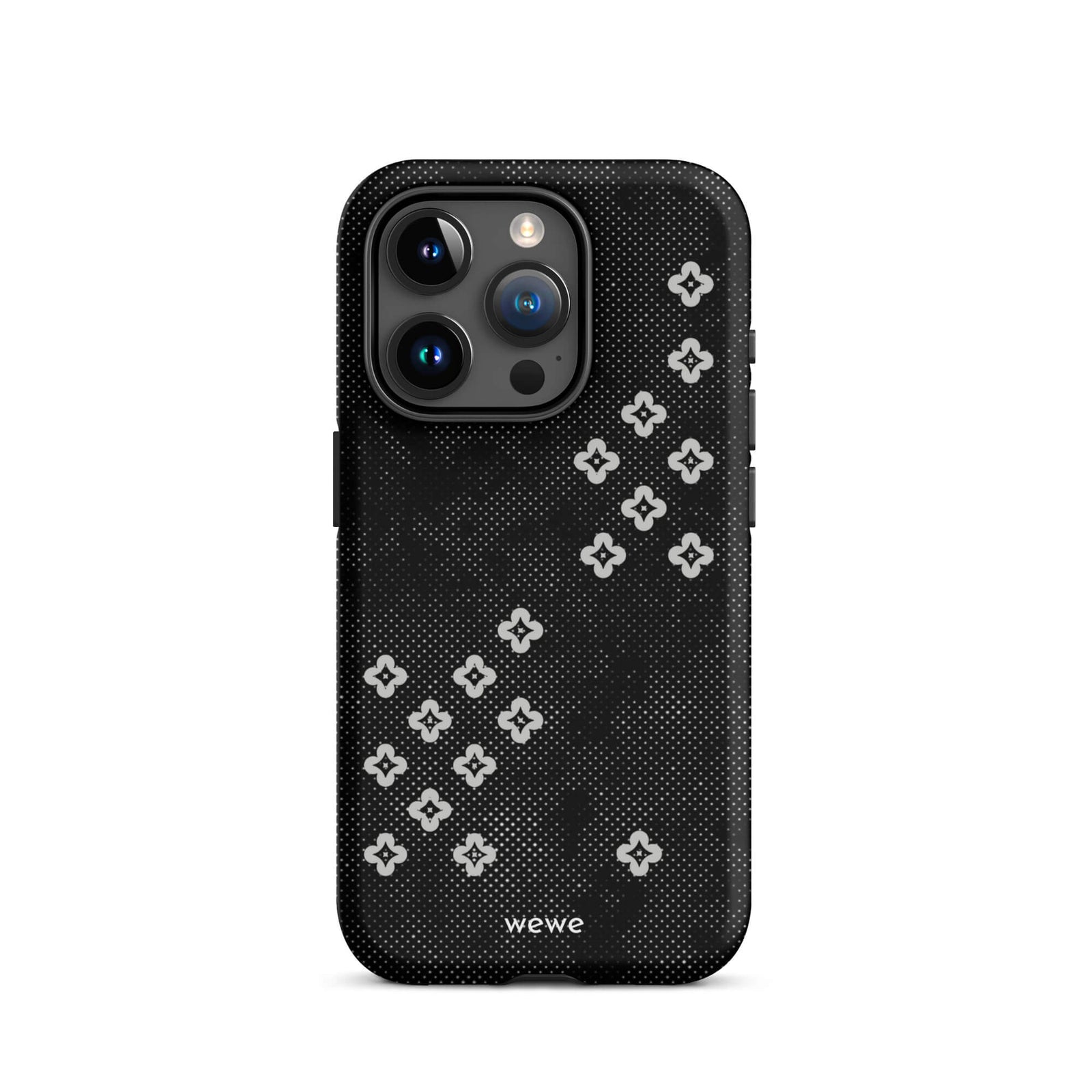 Custom iPhone case 15 pro with a  black lace background with white plum-style crosses.