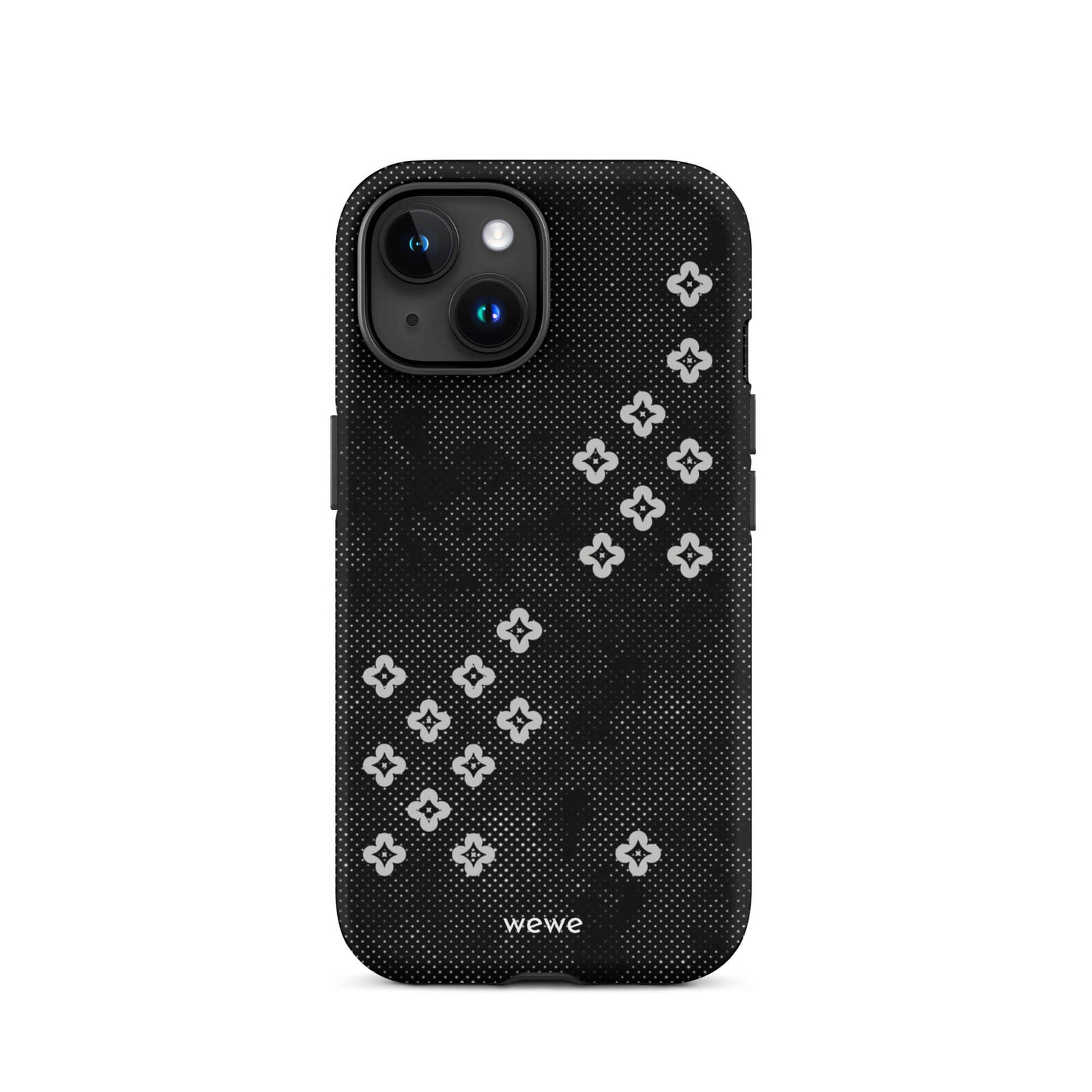 Custom iPhone case 15 with a  black lace background with white plum-style crosses.