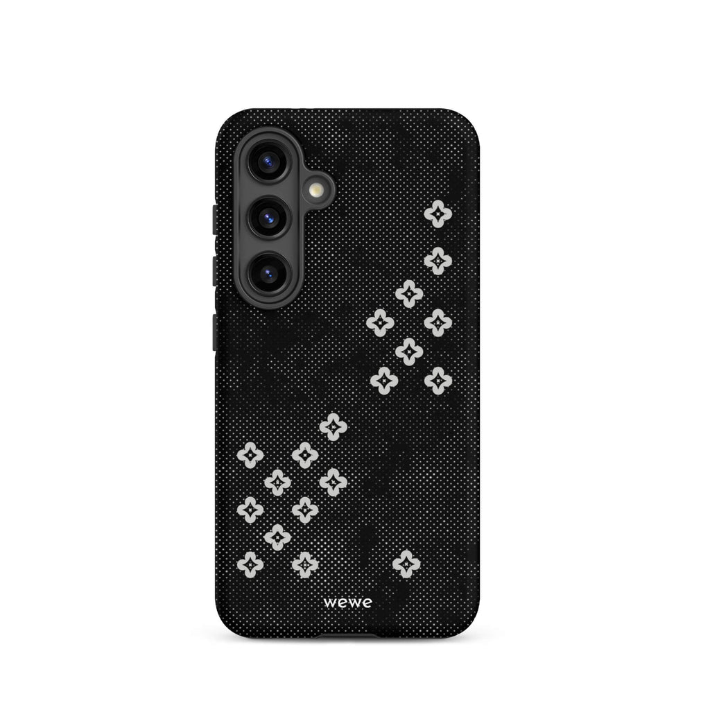 Custom samsung galaxy s24 Phone case with a  black lace background with white plum-style crosses.