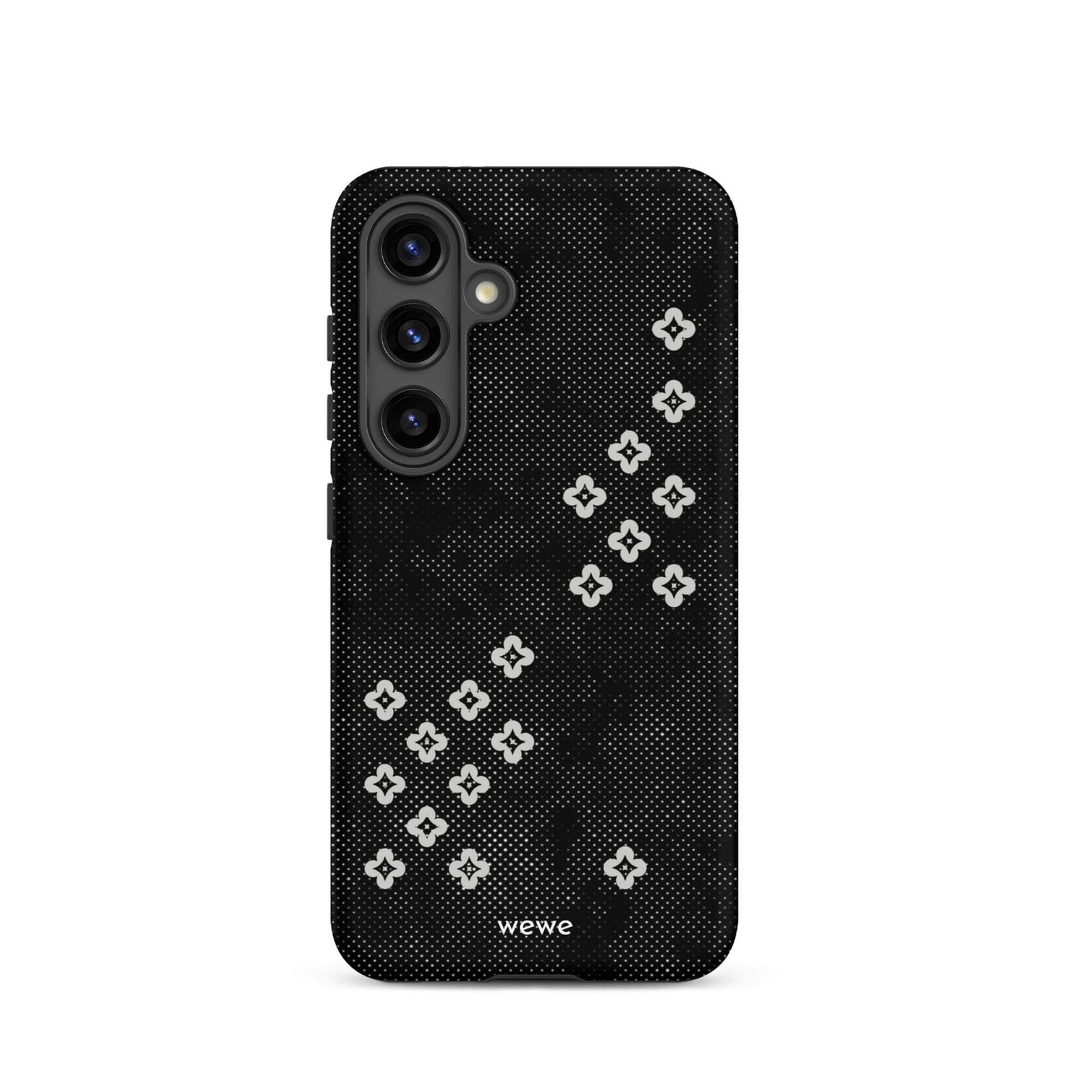 Custom samsung galaxy s24 Phone case with a  black lace background with white plum-style crosses.
