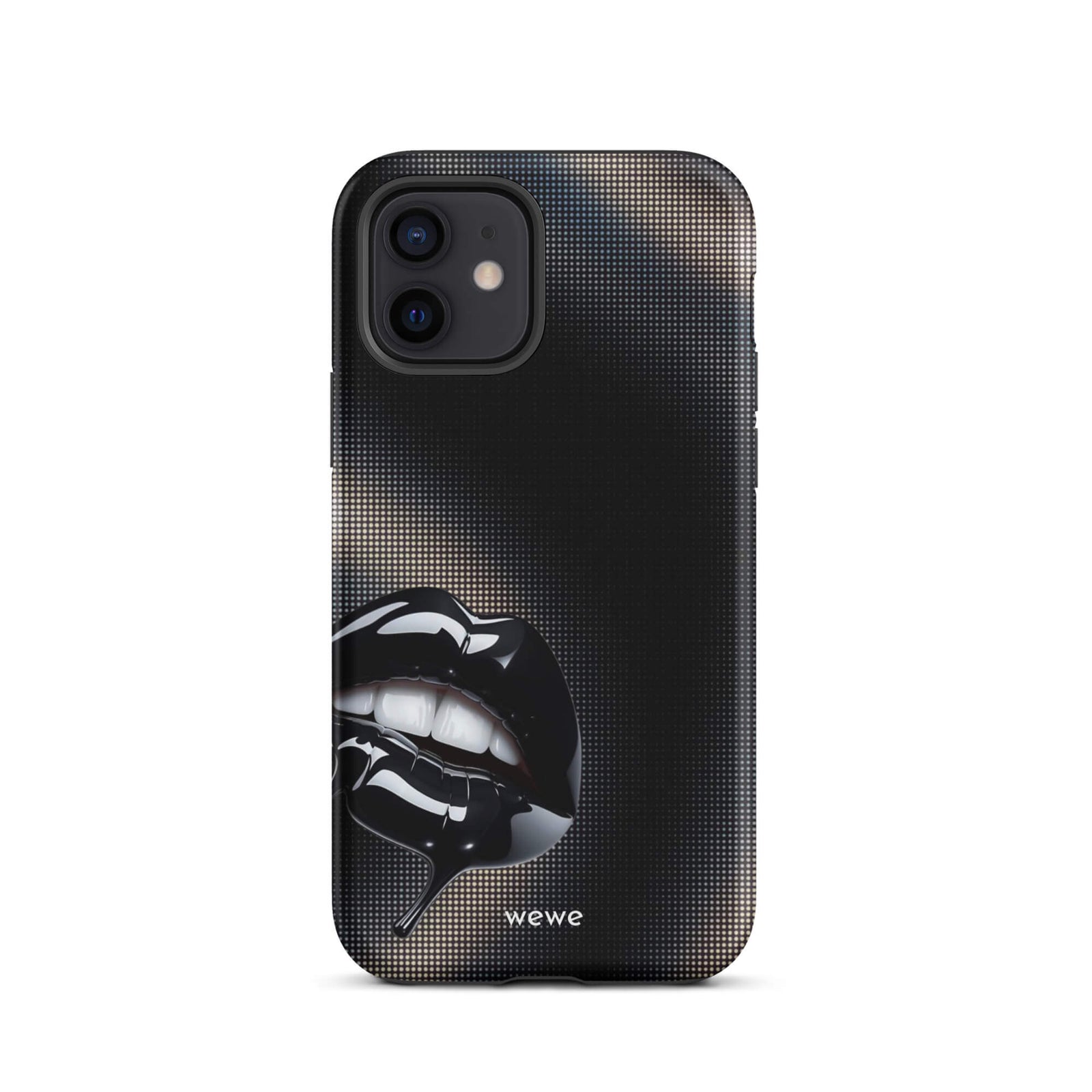 Custom iPhone case 12 with a black background and a glossy, textured pink lips graphic with the words 'Live on'.