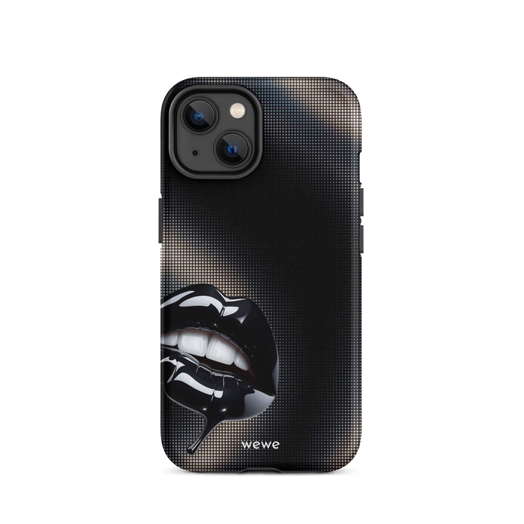 Custom iPhone case 14 with a black background and a glossy, textured pink lips graphic with the words 'Live on'.