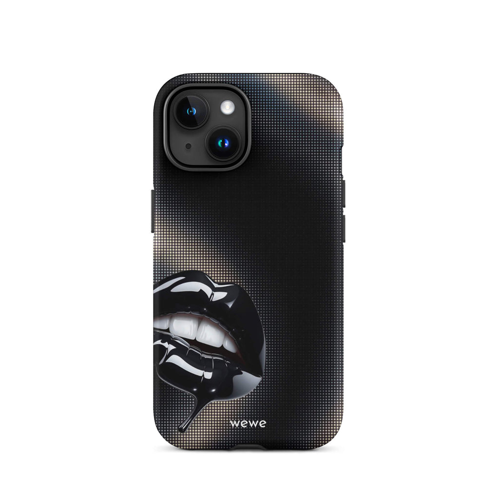 Custom iPhone case 15 with a black background and a glossy, textured pink lips graphic with the words 'Live on'.