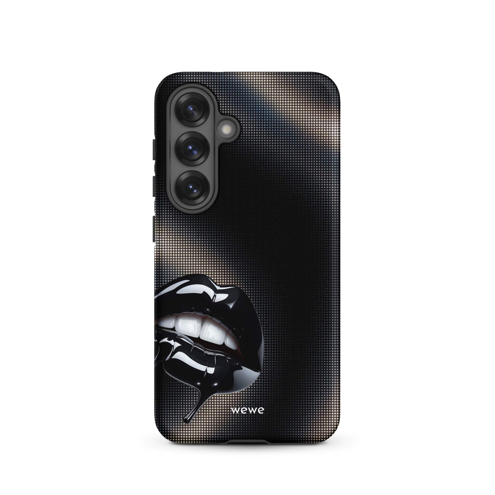 Custom samsung galaxy s25 Phone case with a black background and a glossy, textured pink lips graphic with the words 'Live on'.