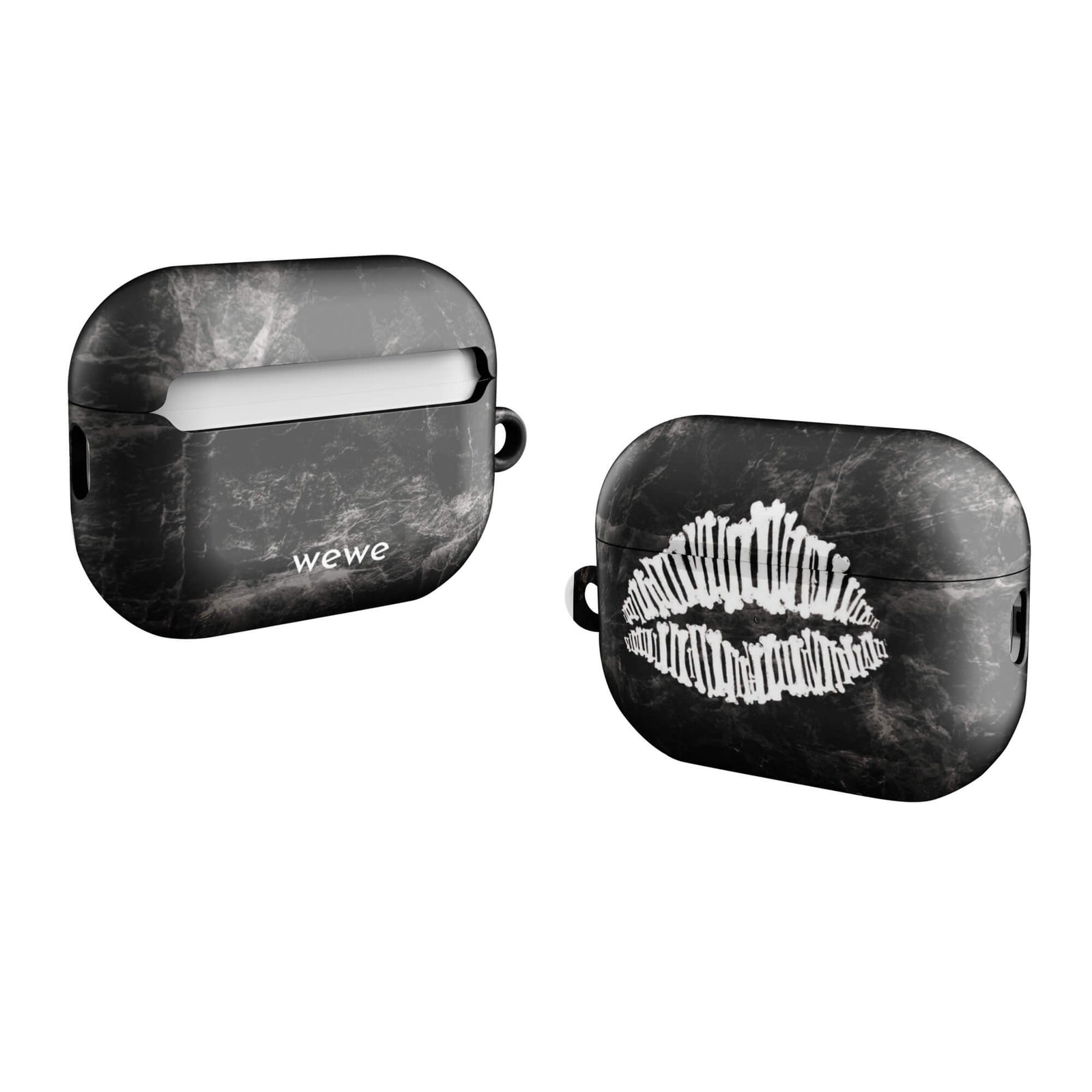 Custom AirPods case pro gen2 with a black marble background and a white skeletal lips graphic.