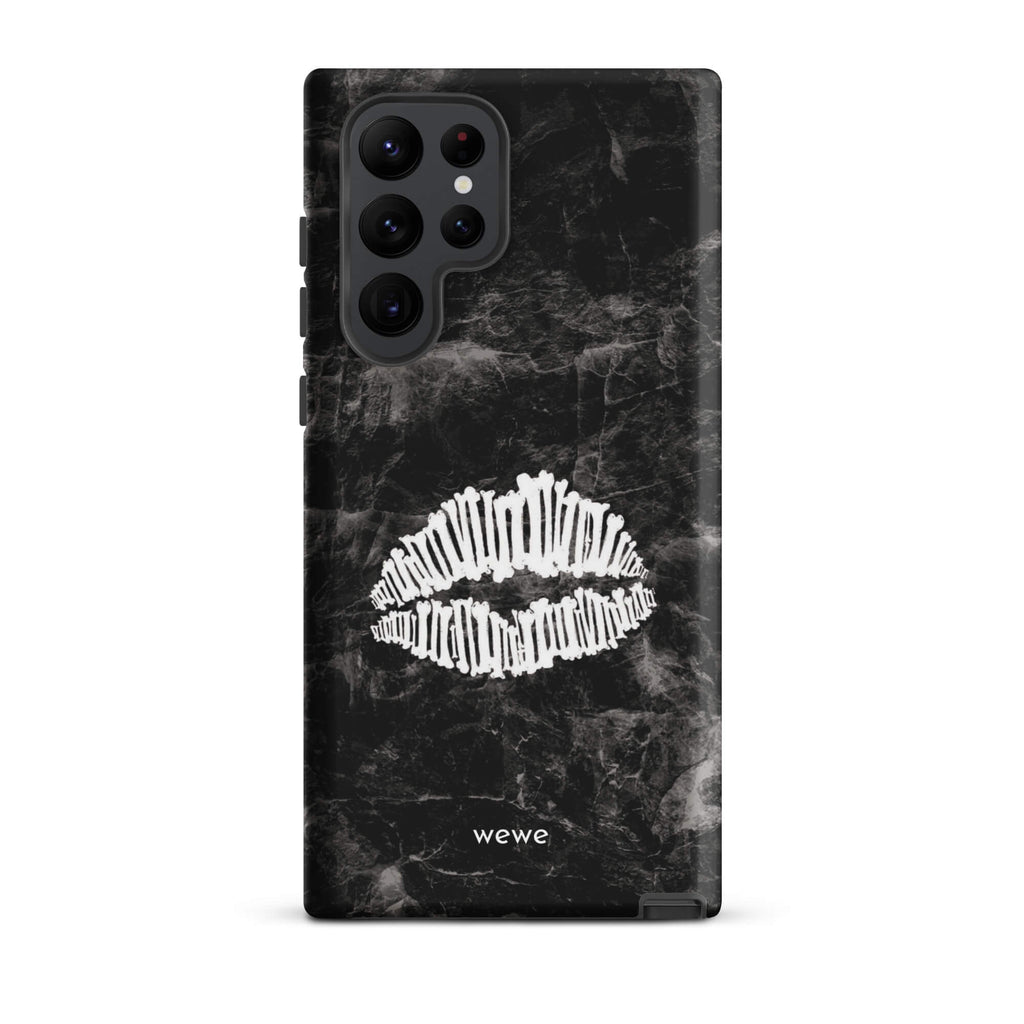 Custom samsung galaxy s22 ultra  Phone case with a black marble background and a white skeletal lips graphic.