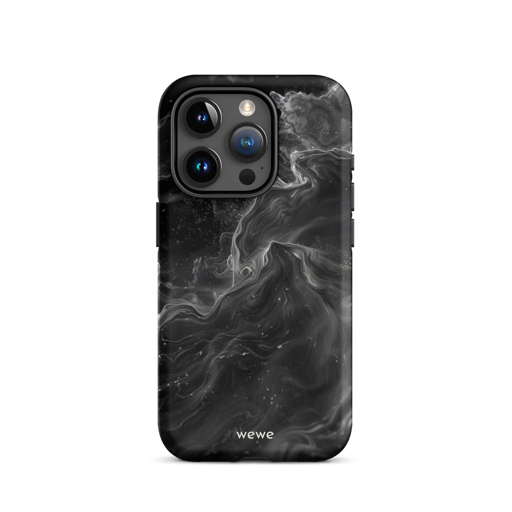 Custom iPhone case 15 pro with a dynamic, swirling black and white marble pattern.
